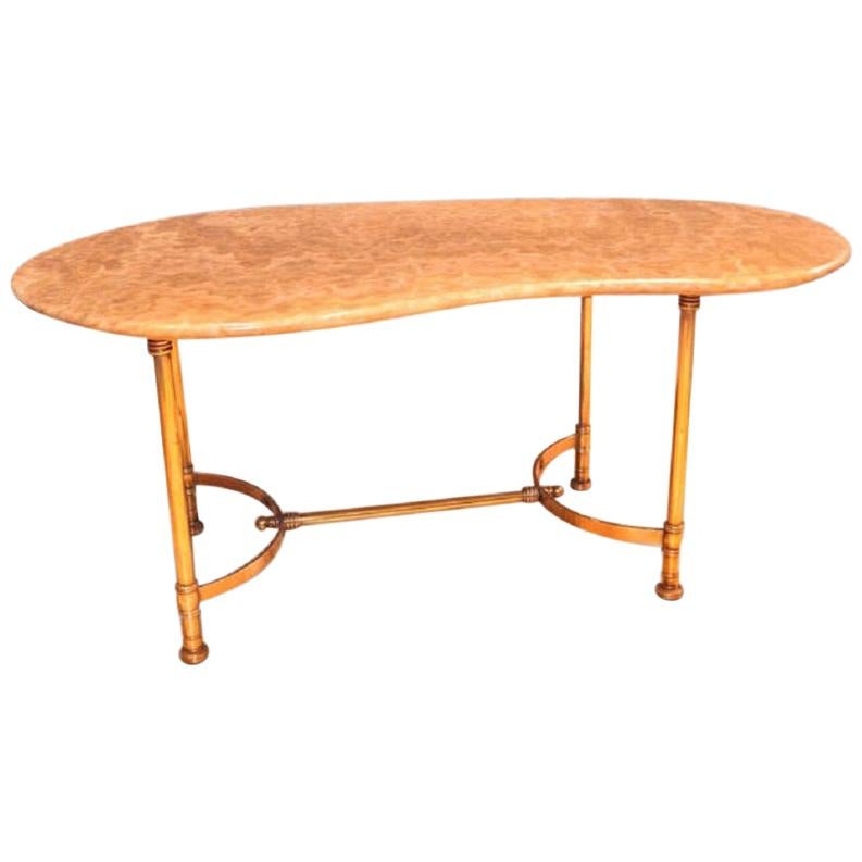 Hollywood Regency Maison Jansen Kidney Shaped Brass & Italian Marble Sofa Table For Sale