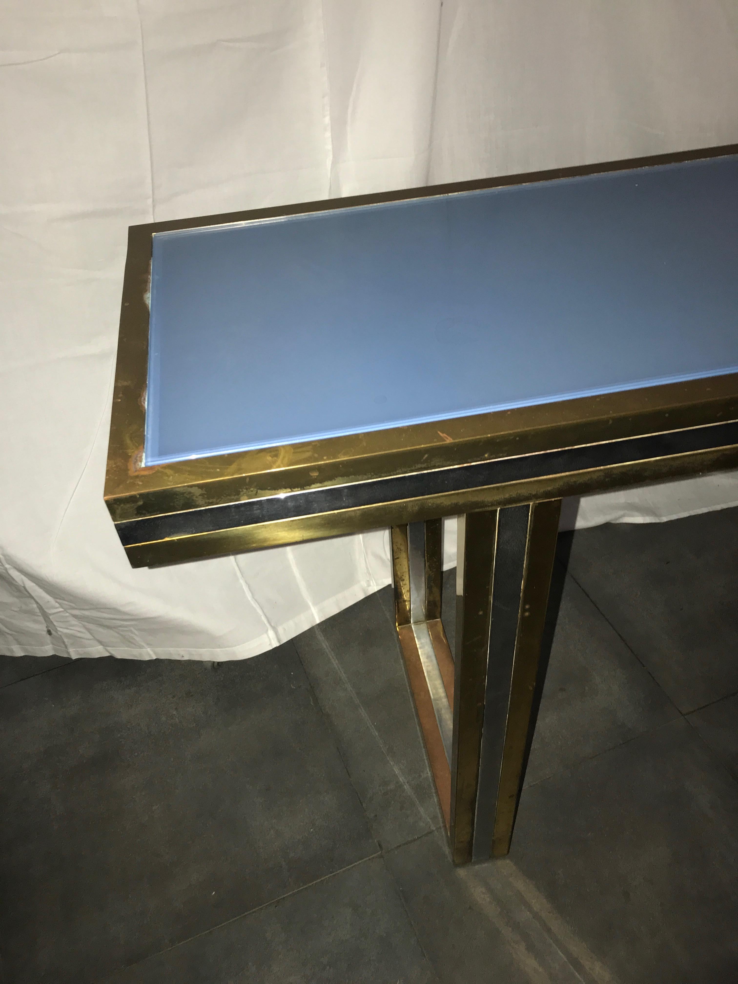 Maison Jansen Large Brass and Chrome Metal Console, Blue Glass Top, French, 1970 For Sale 5