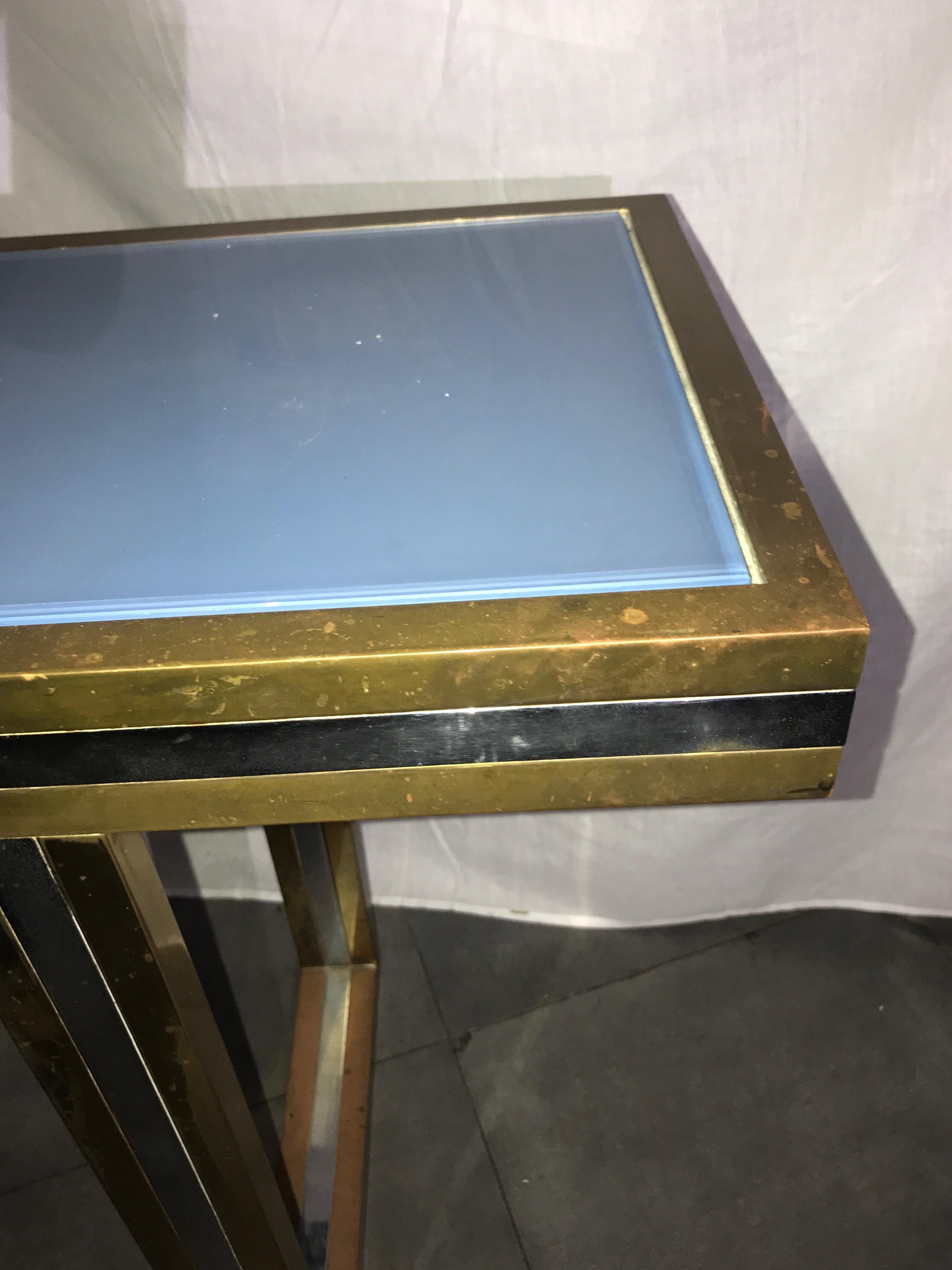 Maison Jansen Large Brass and Chrome Metal Console, Blue Glass Top, French, 1970 For Sale 7