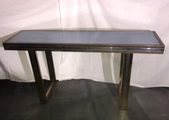 Maison Jansen Large Brass and Chrome Metal Console, Blue Glass Top, French, 1970