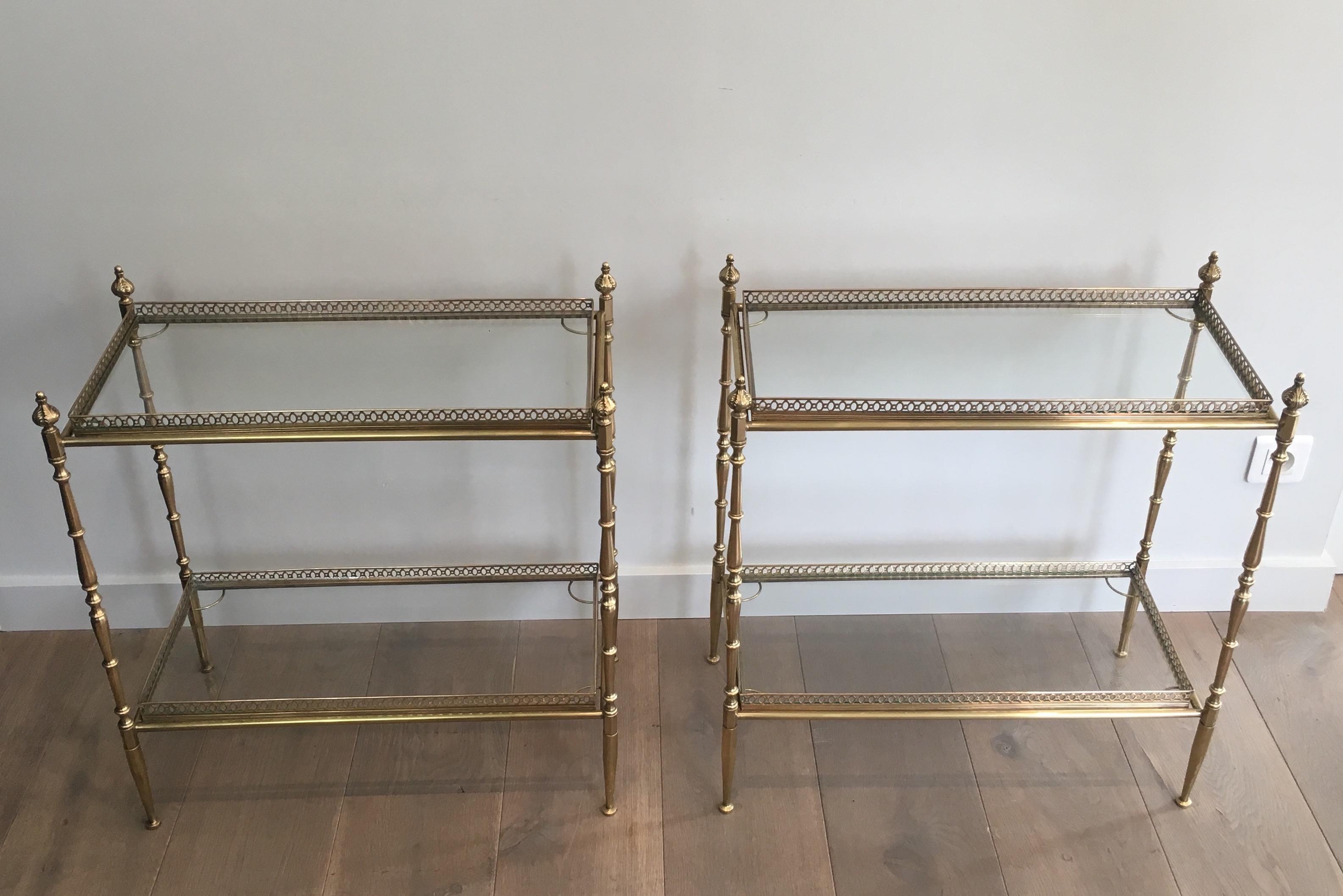 French Maison Jansen, Large Pair of Neoclassical Style Brass Side Tables with Removable