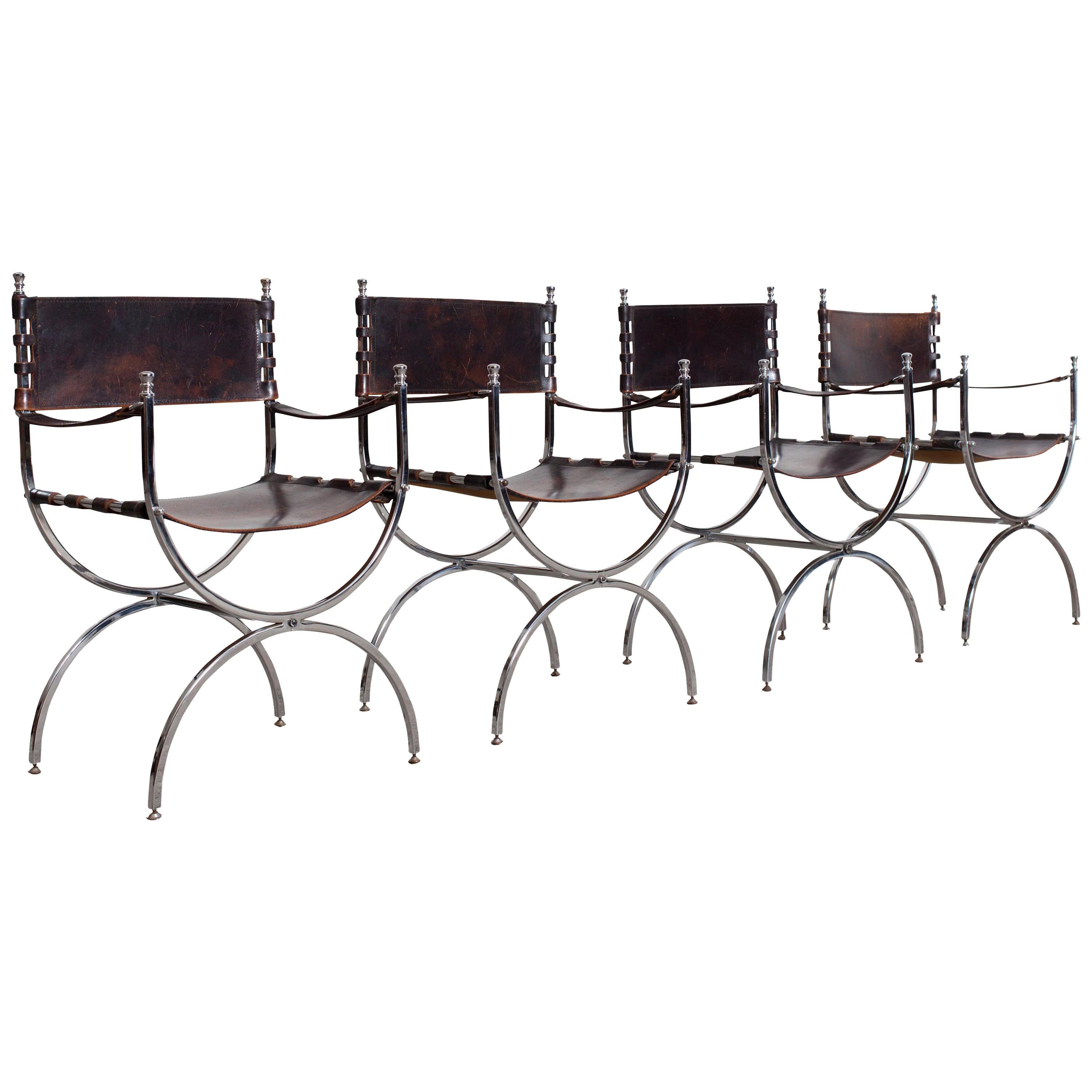 Maison Jansen Leather and Chrome "Savonarola" Emperor Chairs