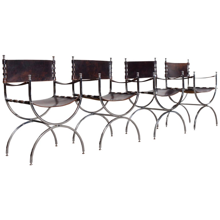 Maison Jansen Leather and Chrome "Savonarola" Emperor Chairs For Sale