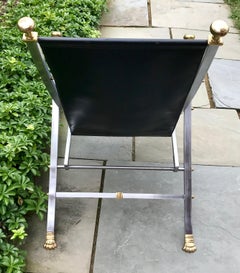 Maison Jansen Leather, Brushed Steel and Brass Folding Campaign Side Chair 1960s