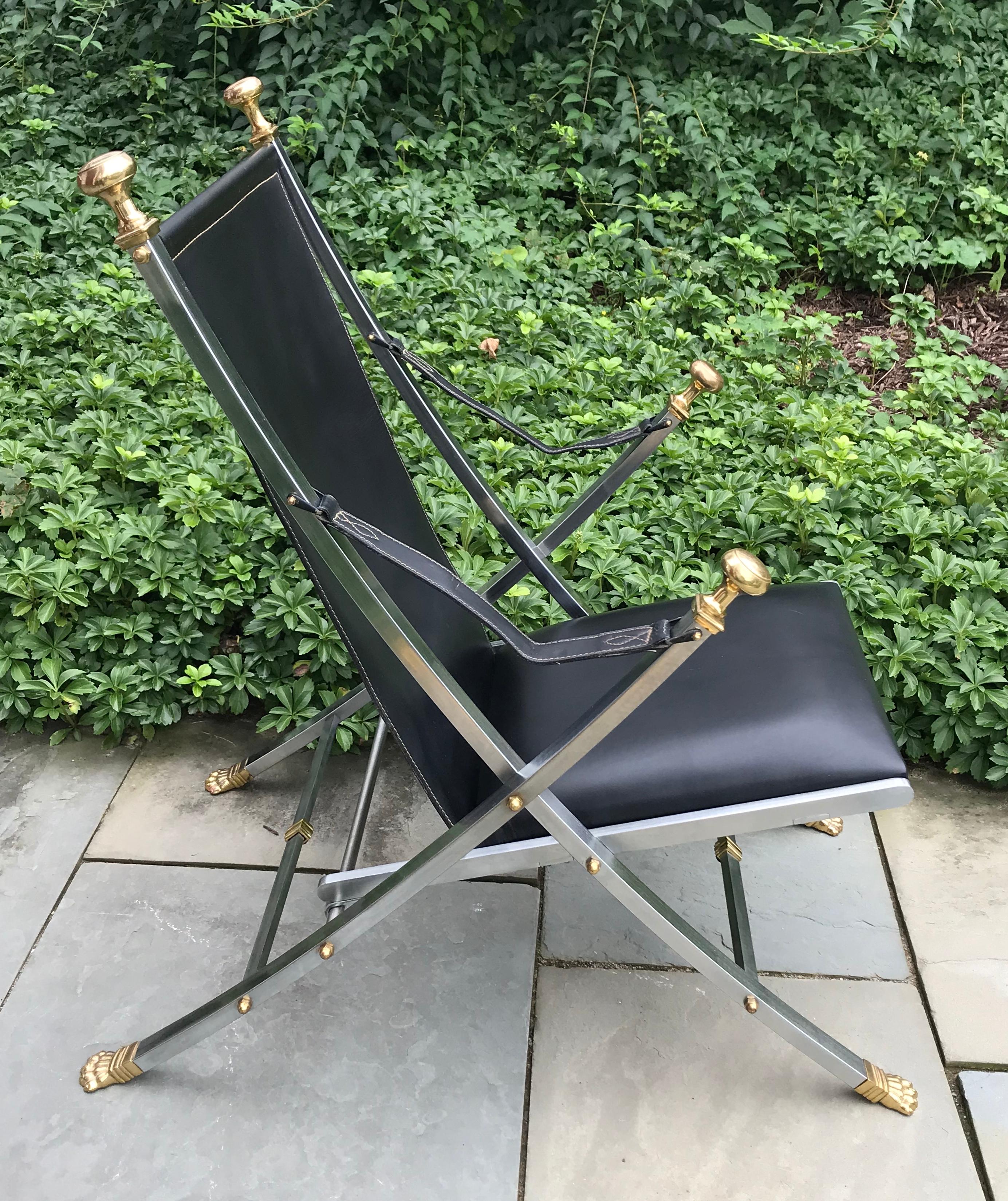 Maison Jansen Leather, Brushed Steel and Brass Folding Campaign Side Chair 1960s In Good Condition For Sale In Bedford Hills, NY