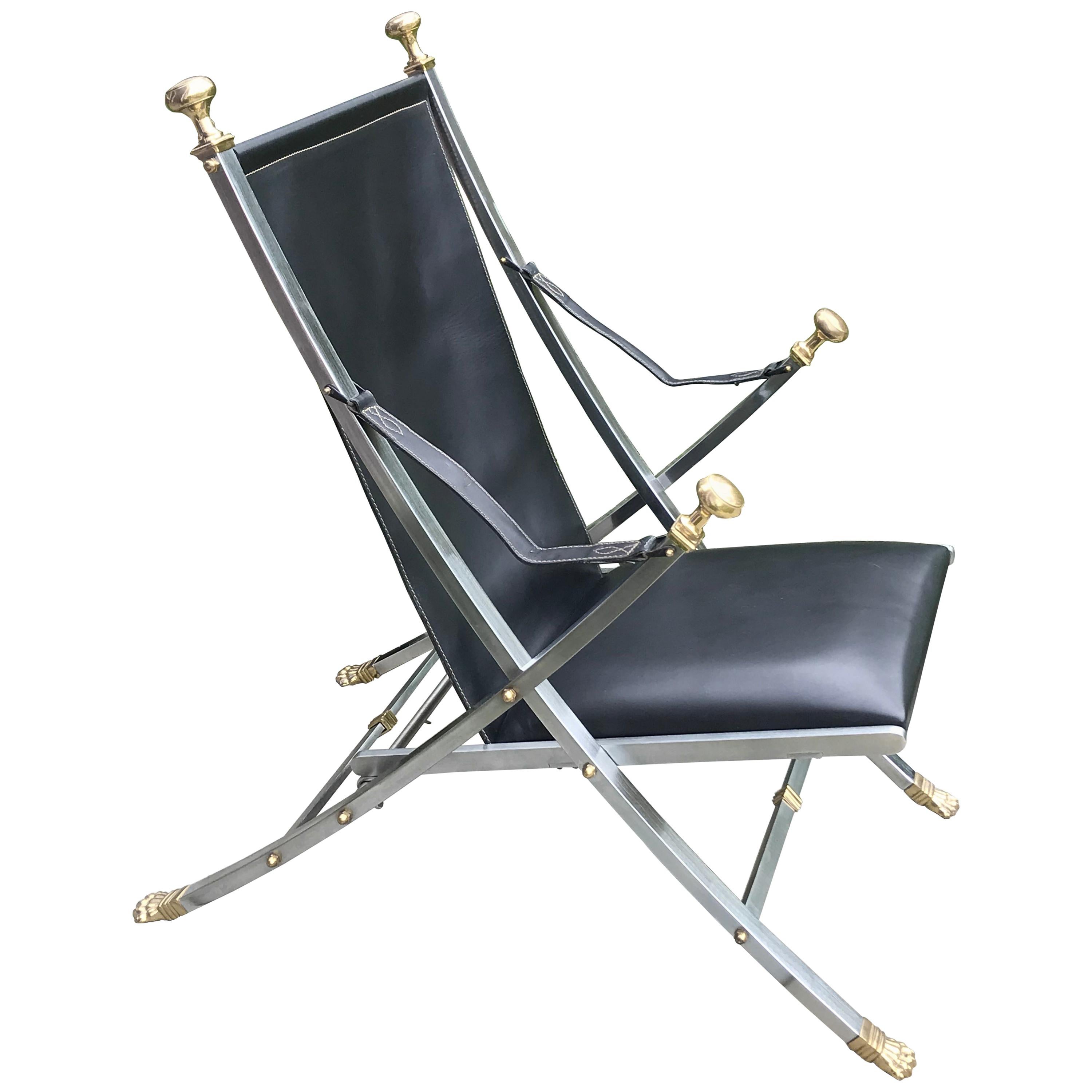 Maison Jansen Leather, Brushed Steel and Brass Folding Campaign Side Chair 1960s