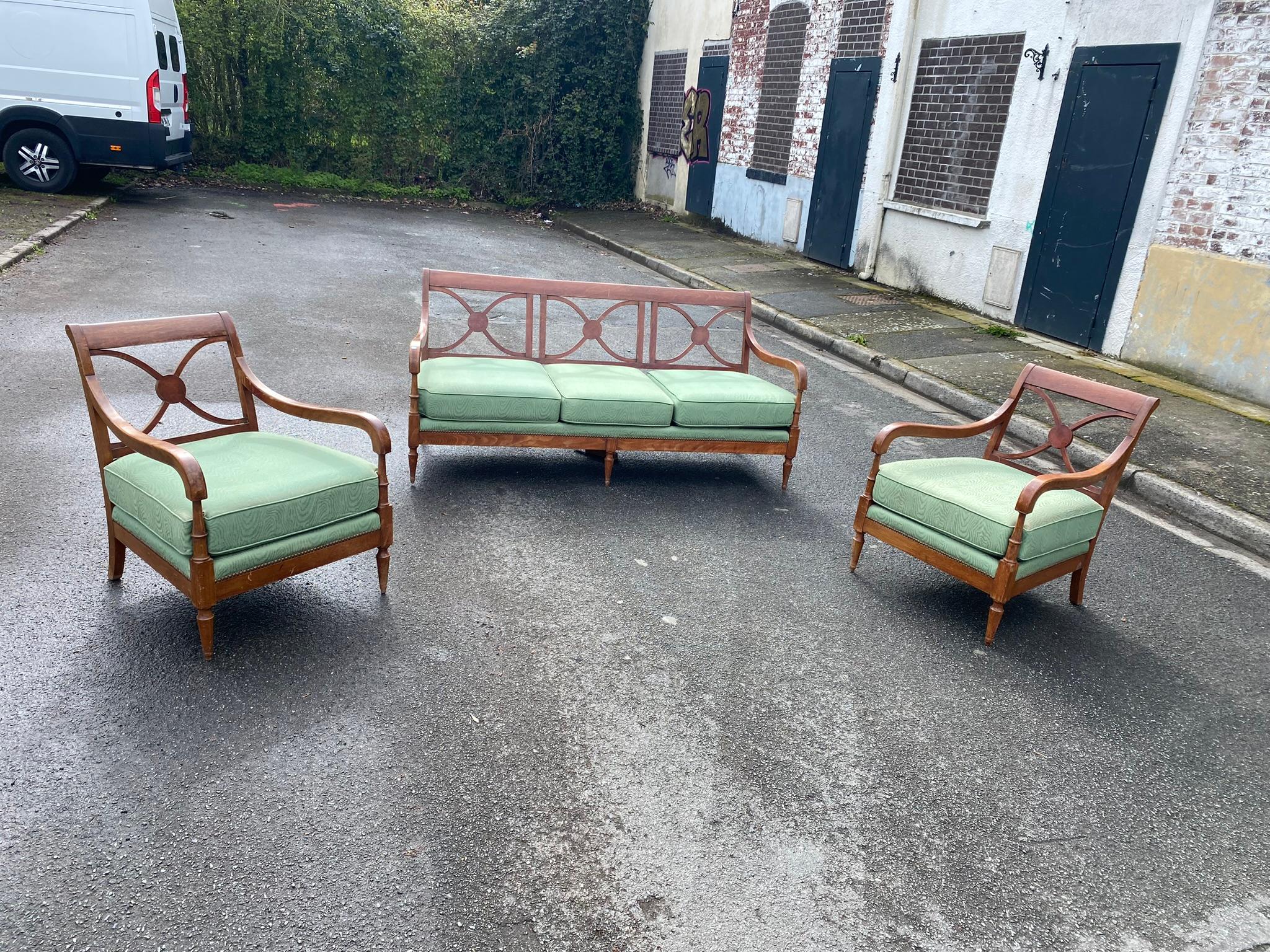 Maison Jansen, Living room set including a sofa and 2 armchairs circa 1940
Sofa Size:
Size of armchairs:
can be separated
patina and fabric to redo.