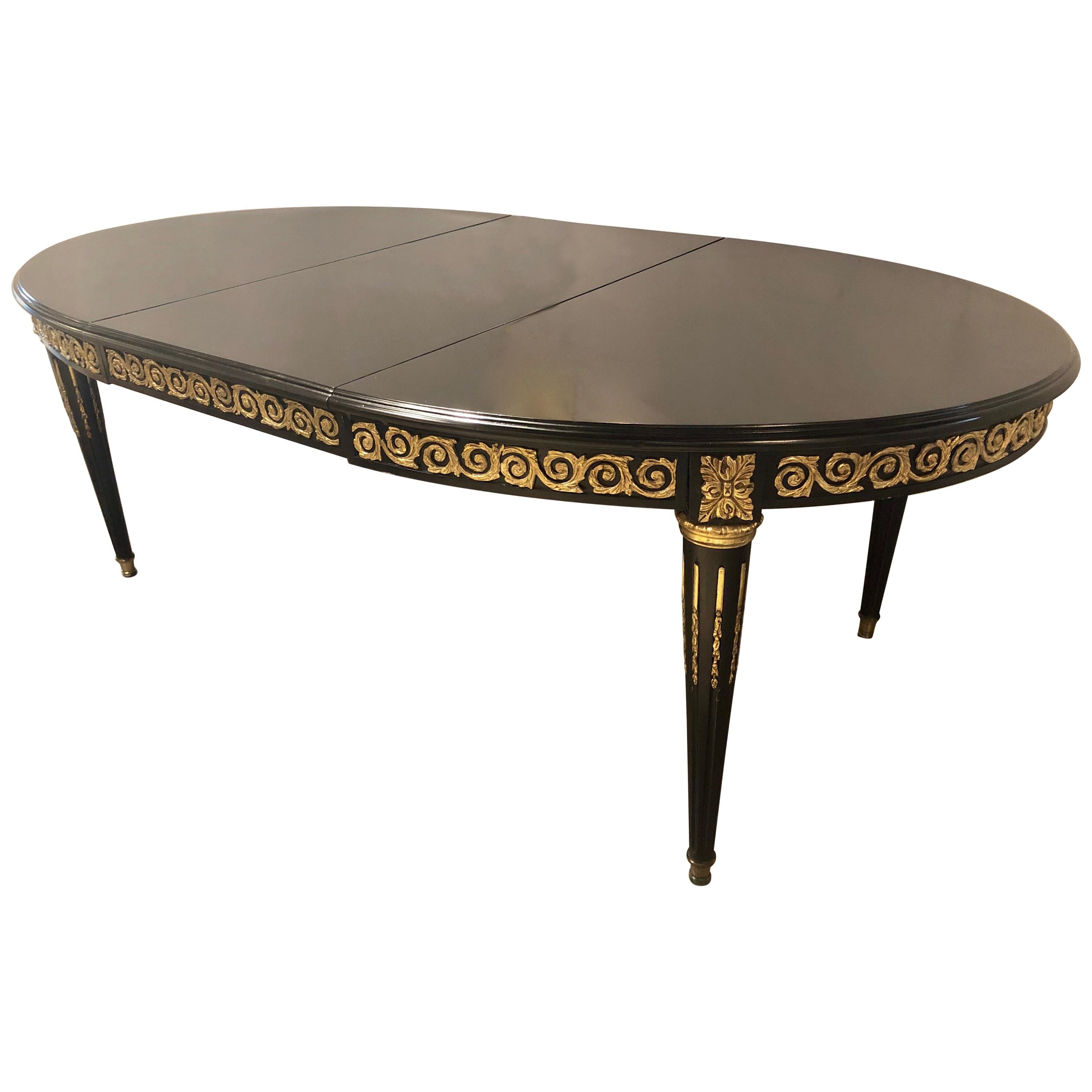 Louis XVI Style Ebony Bronze Mounted Dining Table with 1 Leaf