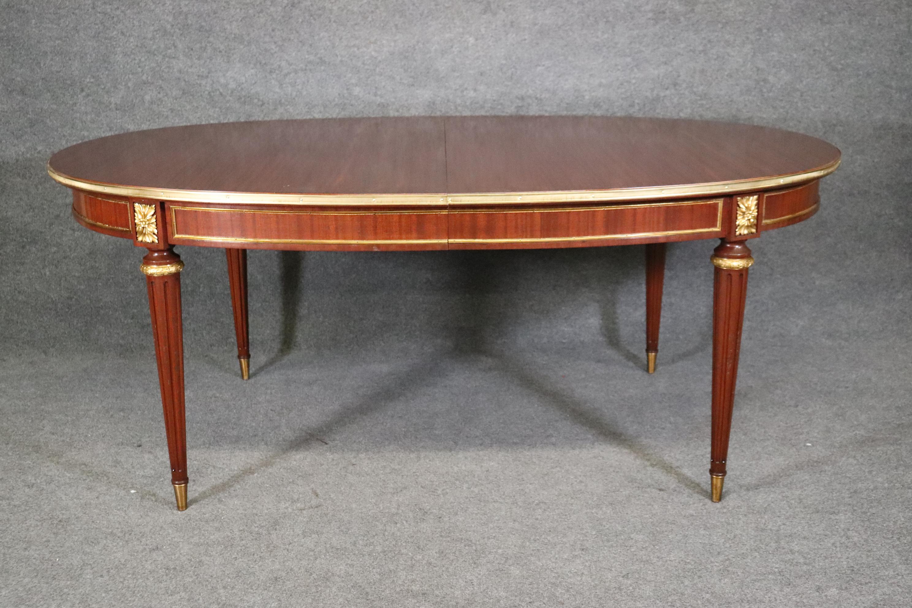 Dimensions - (Closed) H: 29 1/4in W: 72 3/4in D: 45in (Open) W: 108 1/2in

This Maison Jansen French Louis XVI Directoire style dining room table is truly a show stopper and gives off a sophisticated and minimalistic luxury vibe wherever it's