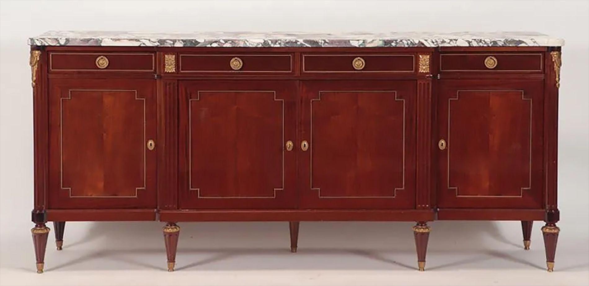 20th Century Maison Jansen Louis XVI Style Sideboard, Cabinet, Credenza, Bronze, Marble Top For Sale