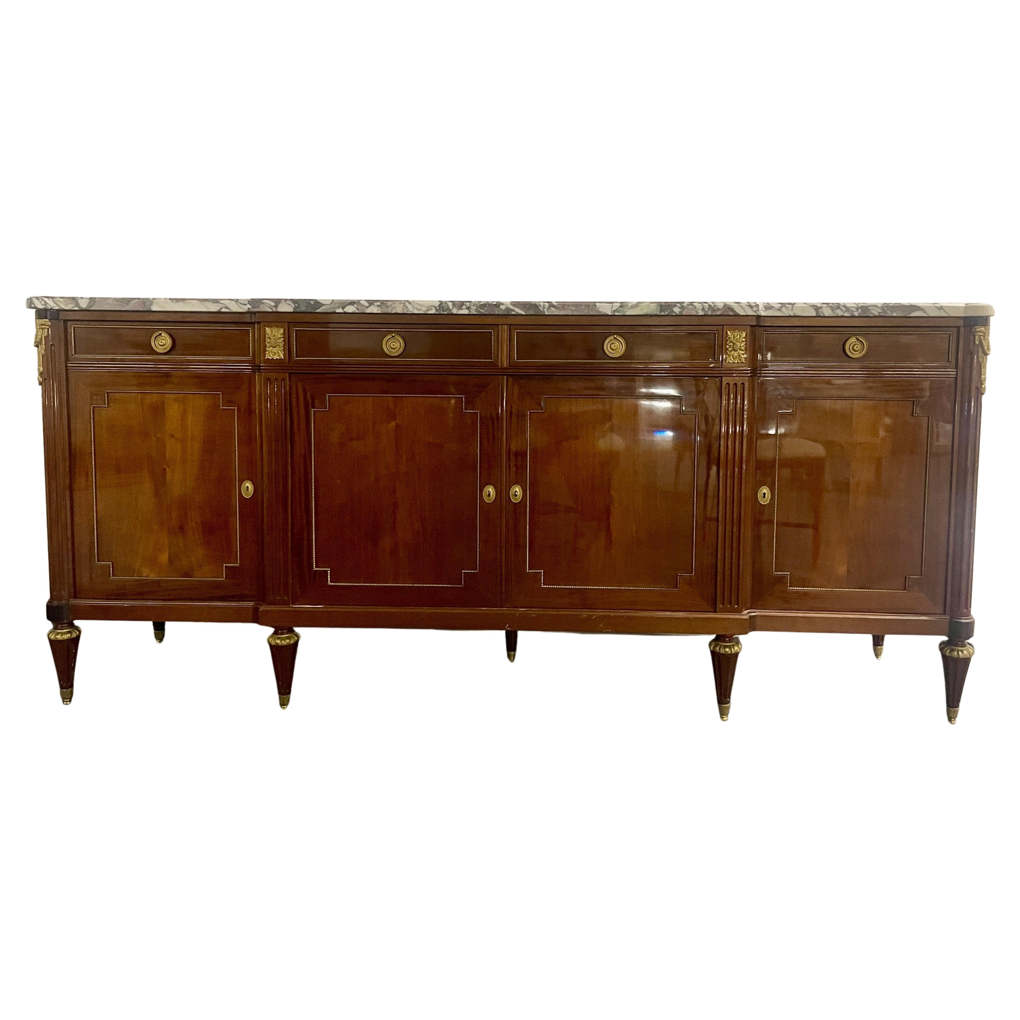 Maison Jansen Louis XVI Style Sideboard, Cabinet, Credenza, Bronze, Marble Top For Sale