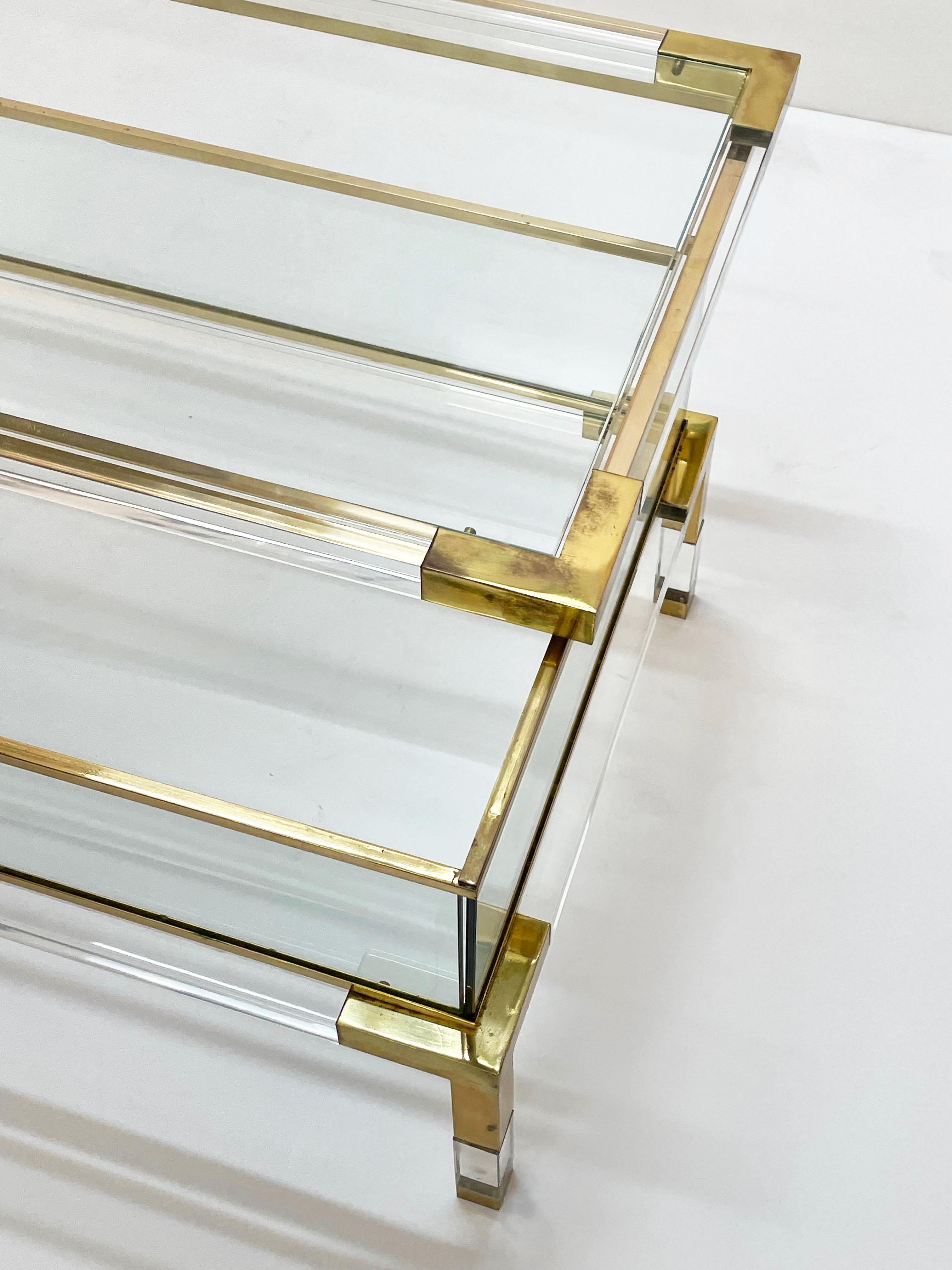 Maison Jansen Lucite and Brass French Coffee Table with Sliding Shelf, 1970s 4