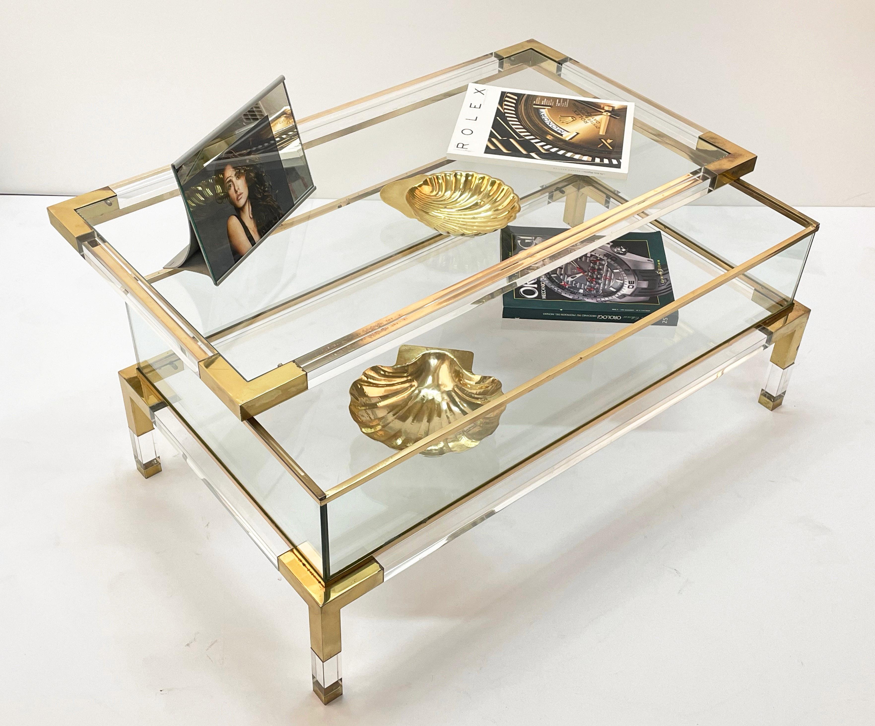 Maison Jansen Lucite and Brass French Coffee Table with Sliding Shelf, 1970s 7