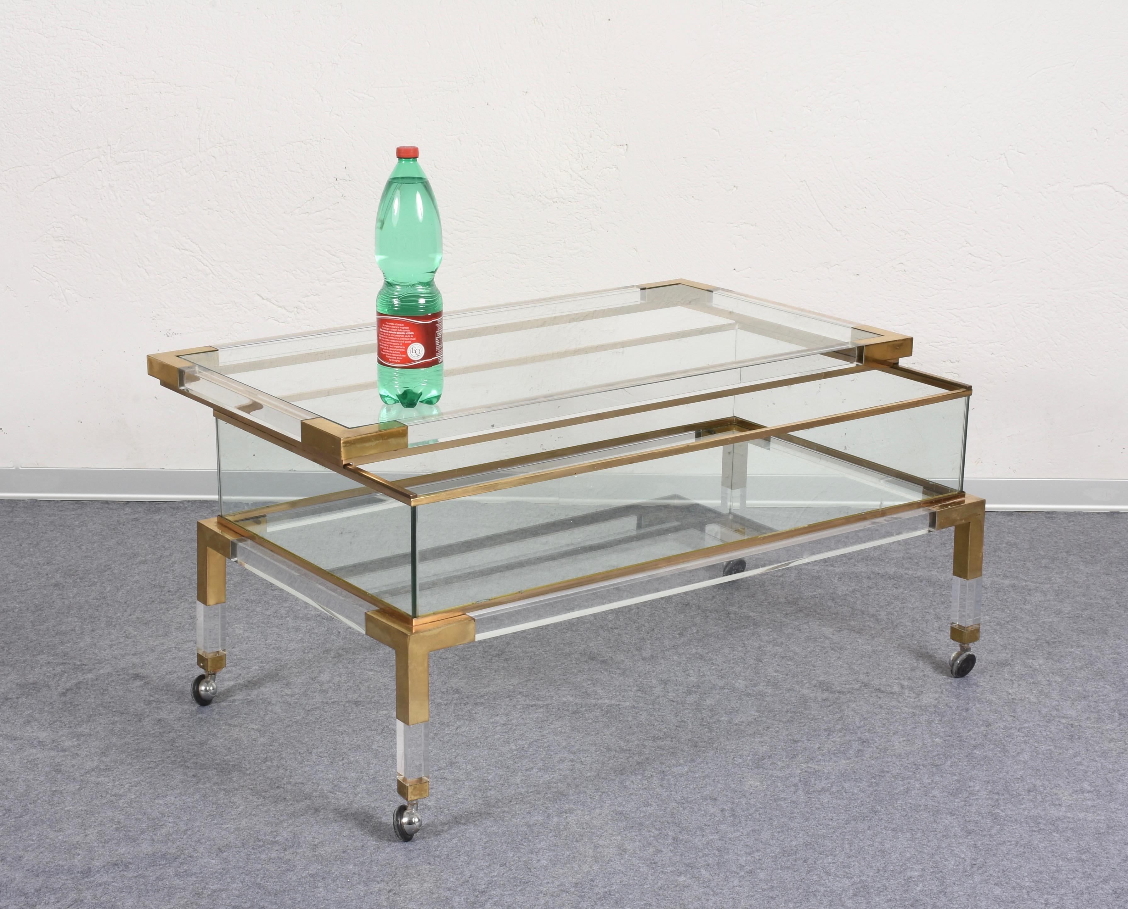 Maison Jansen Lucite and Brass French Coffee Table with Sliding Shelf, 1970s 9