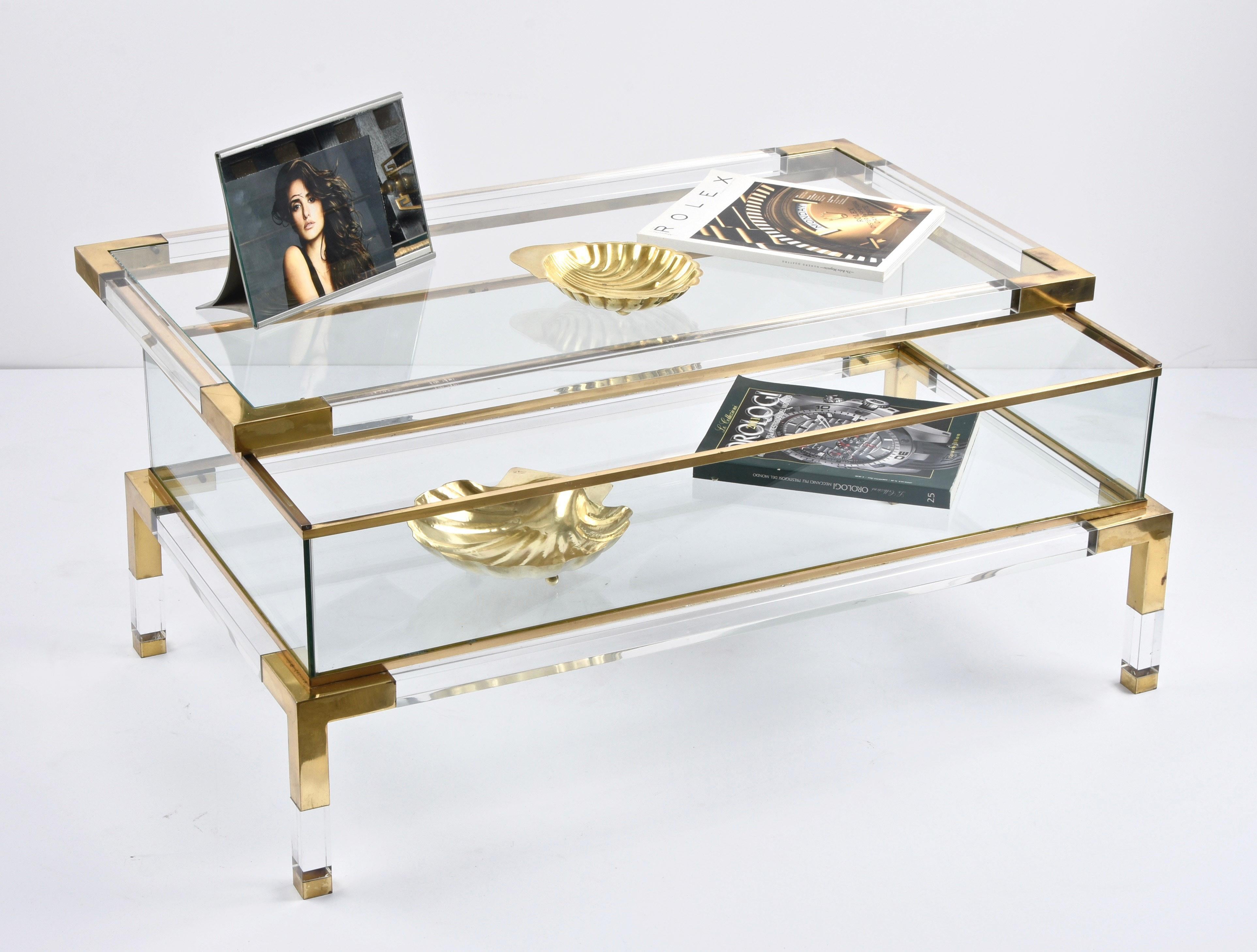 Maison Jansen Lucite and Brass French Coffee Table with Sliding Shelf, 1970s 9