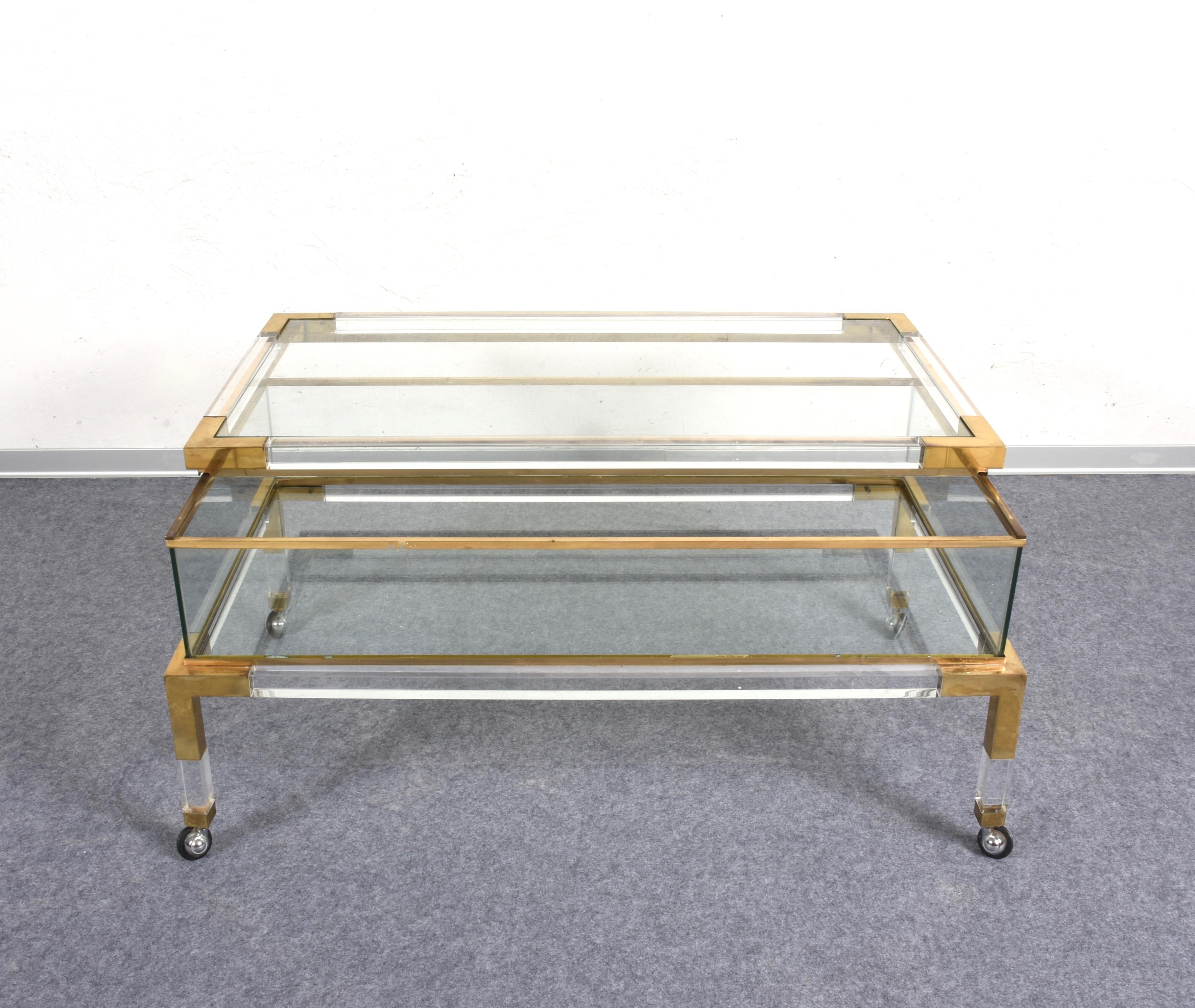 Maison Jansen Lucite and Brass French Coffee Table with Sliding Shelf, 1970s 10