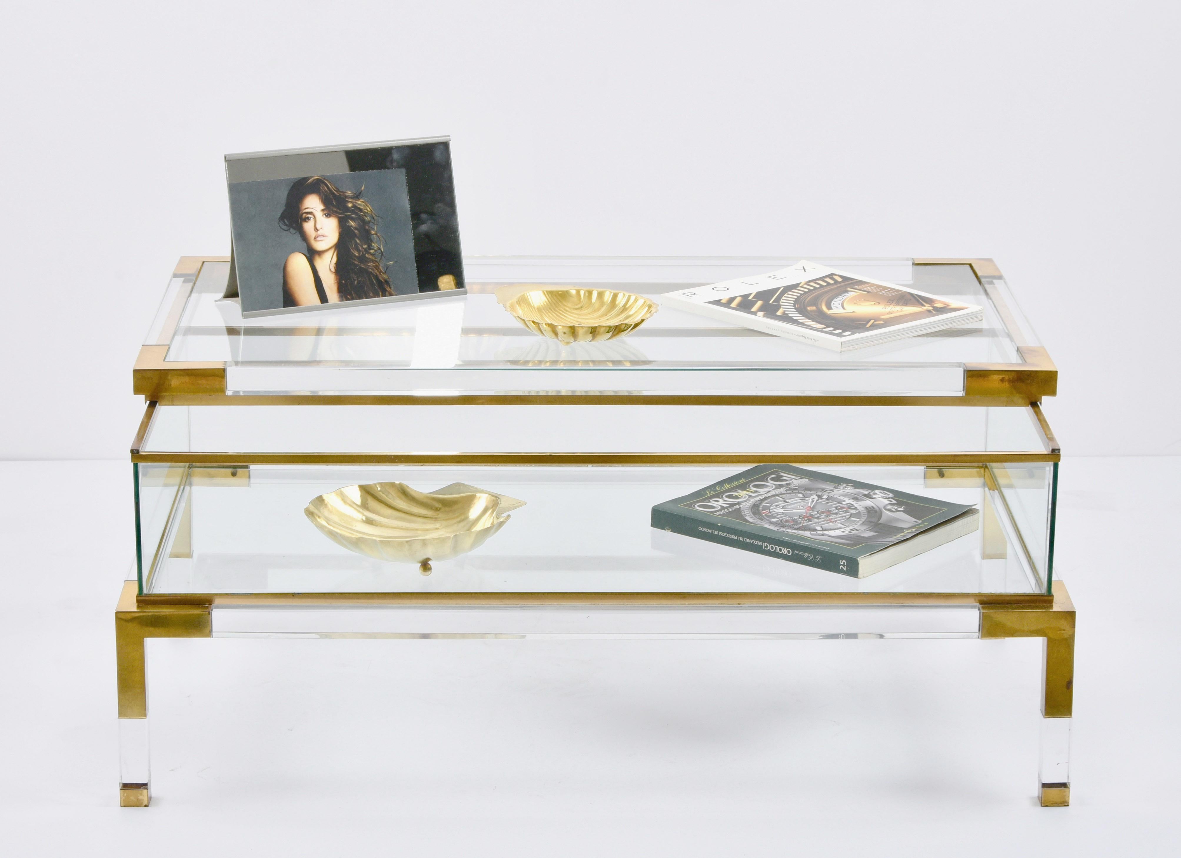 Maison Jansen Lucite and Brass French Coffee Table with Sliding Shelf, 1970s 10