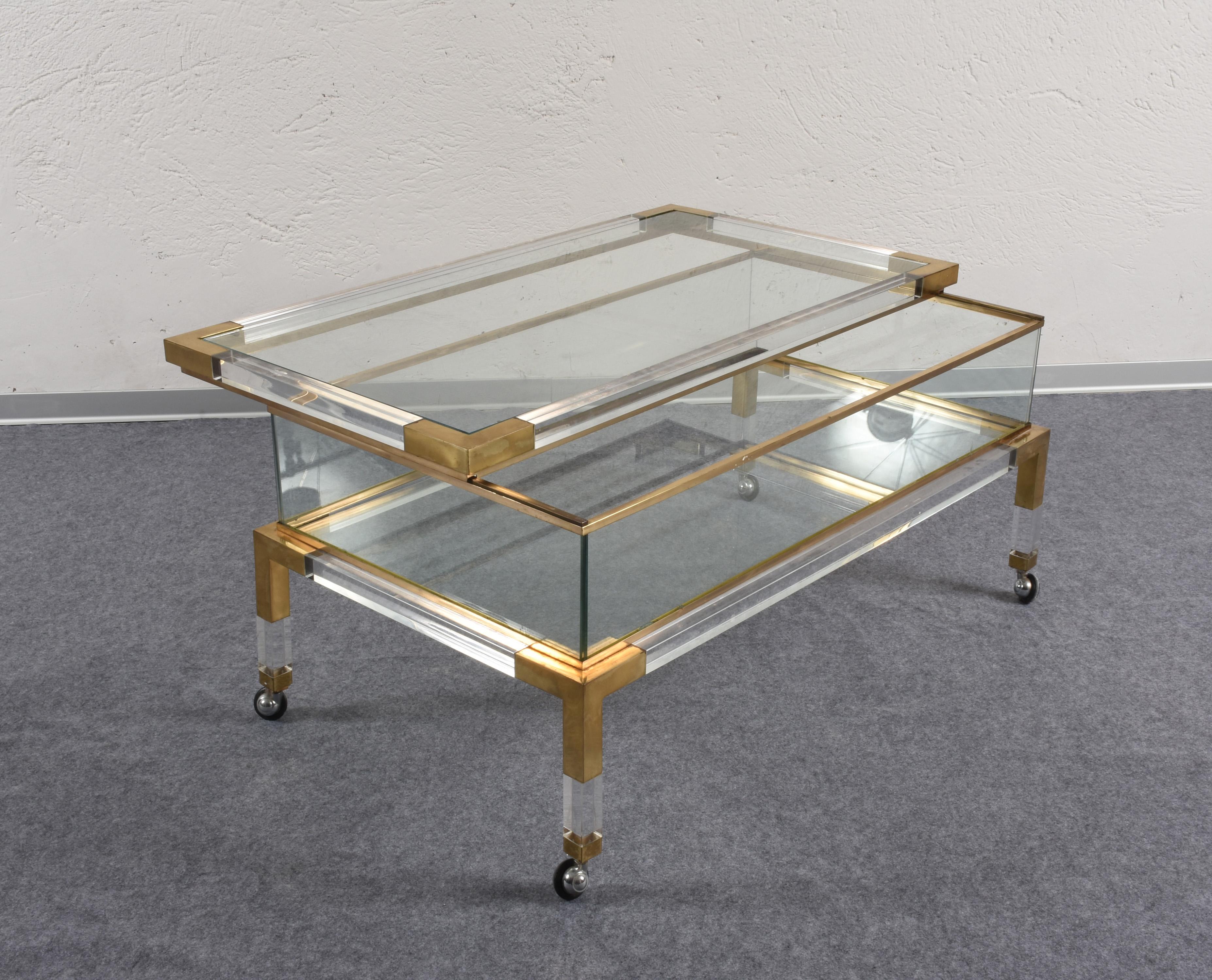 Maison Jansen Lucite and Brass French Coffee Table with Sliding Shelf, 1970s 11