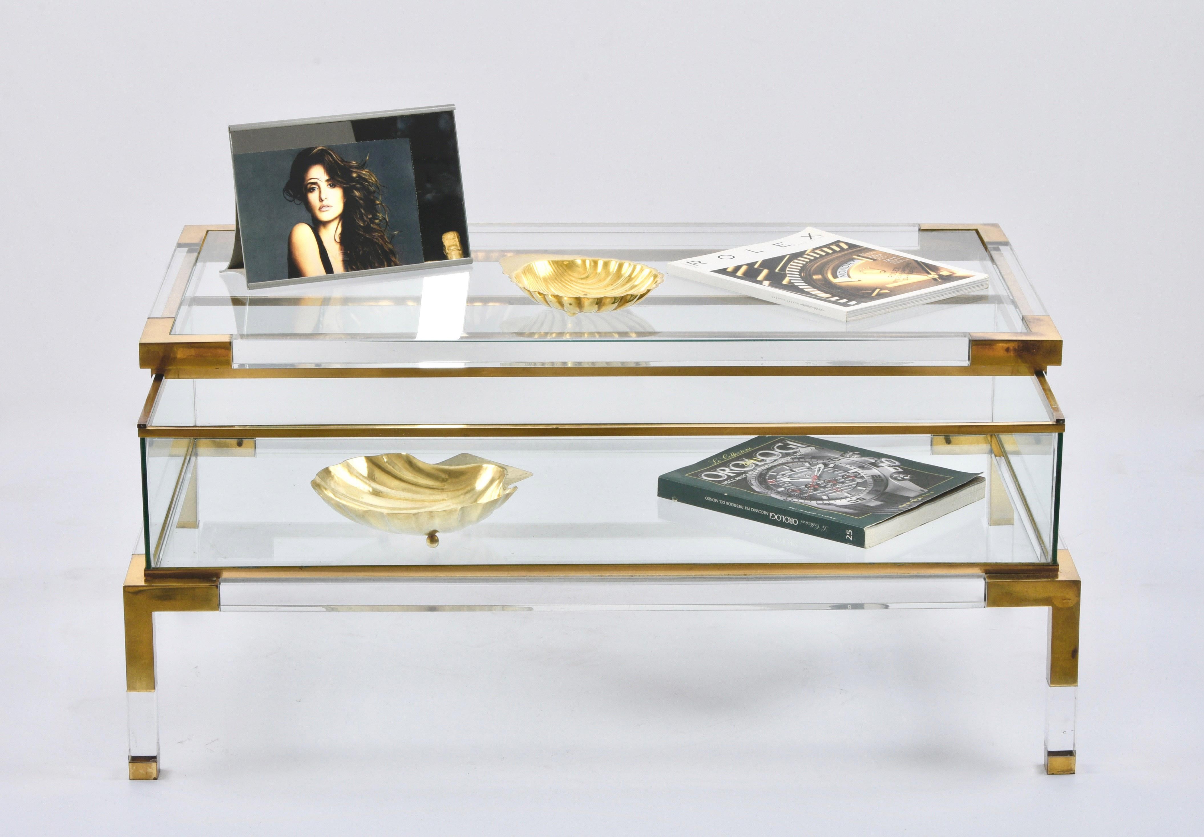 Maison Jansen Lucite and Brass French Coffee Table with Sliding Shelf, 1970s 11