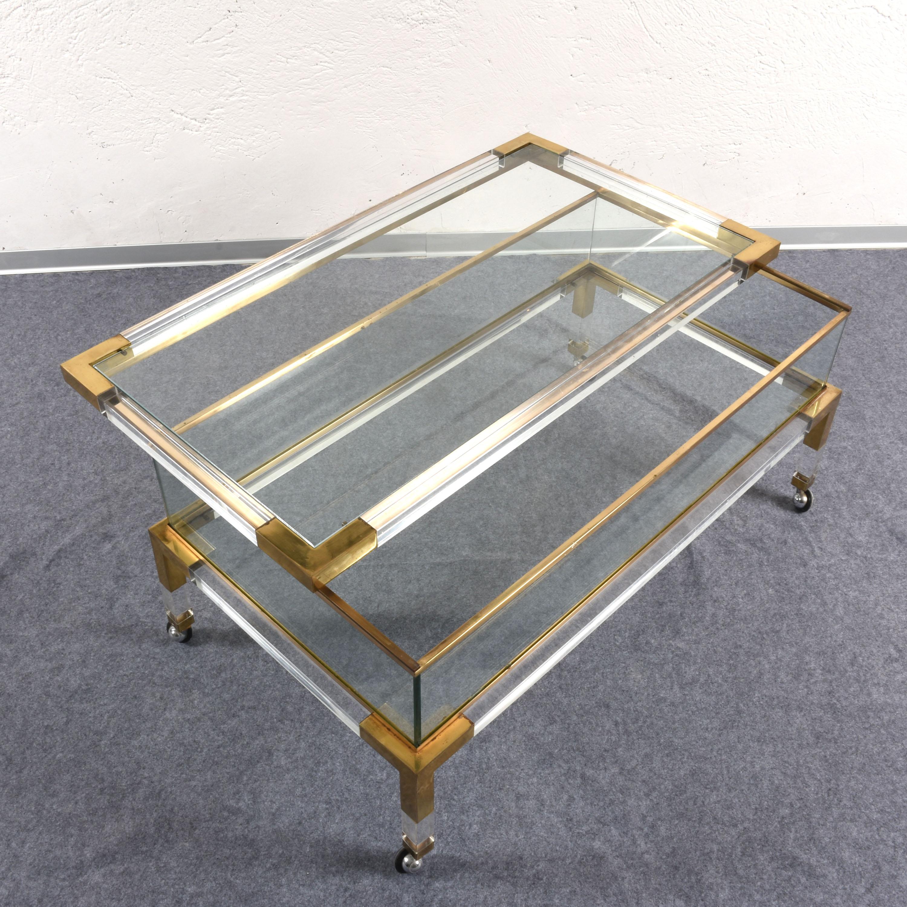 Maison Jansen Lucite and Brass French Coffee Table with Sliding Shelf, 1970s 12
