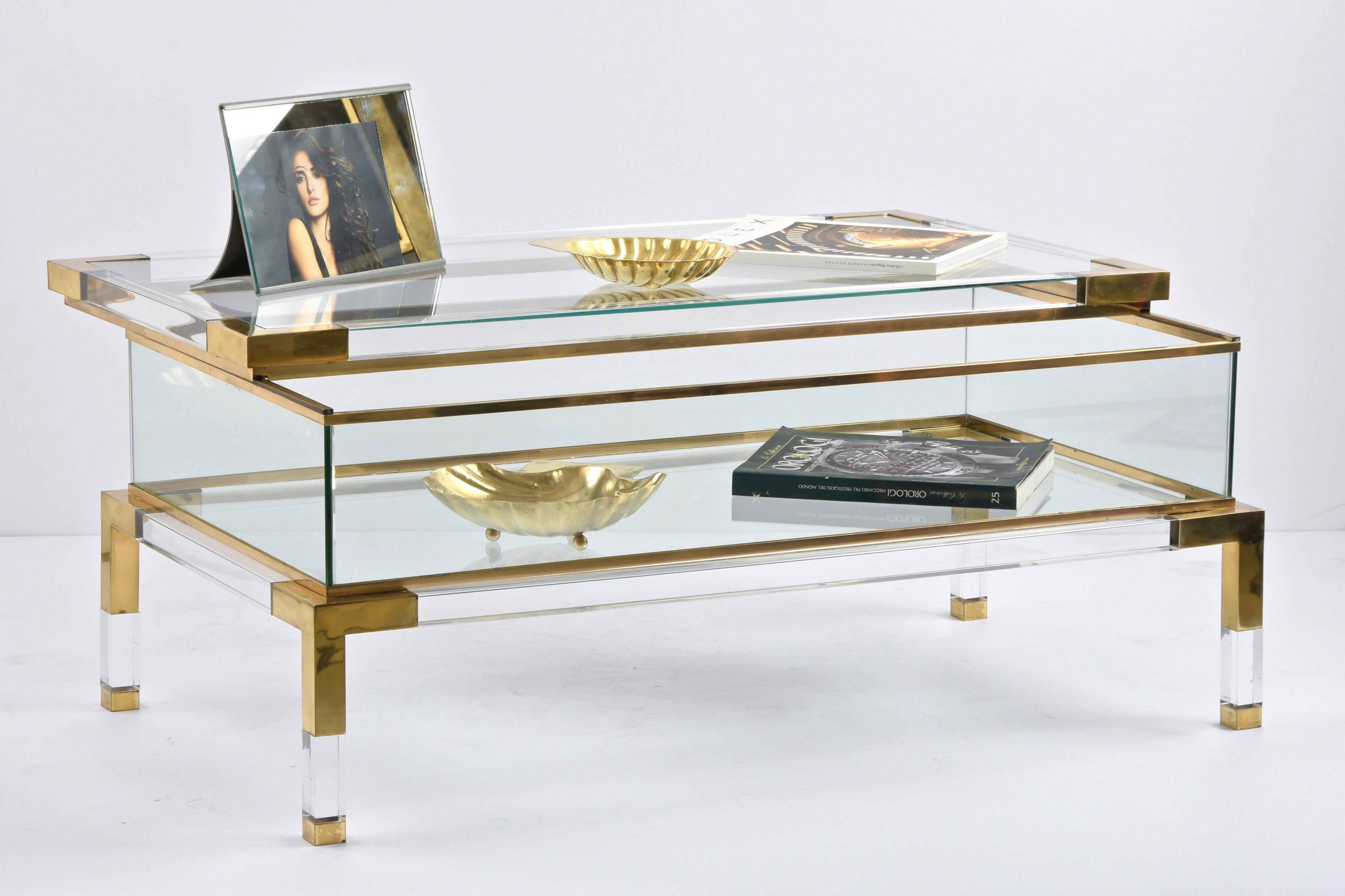 Maison Jansen Lucite and Brass French Coffee Table with Sliding Shelf, 1970s 12