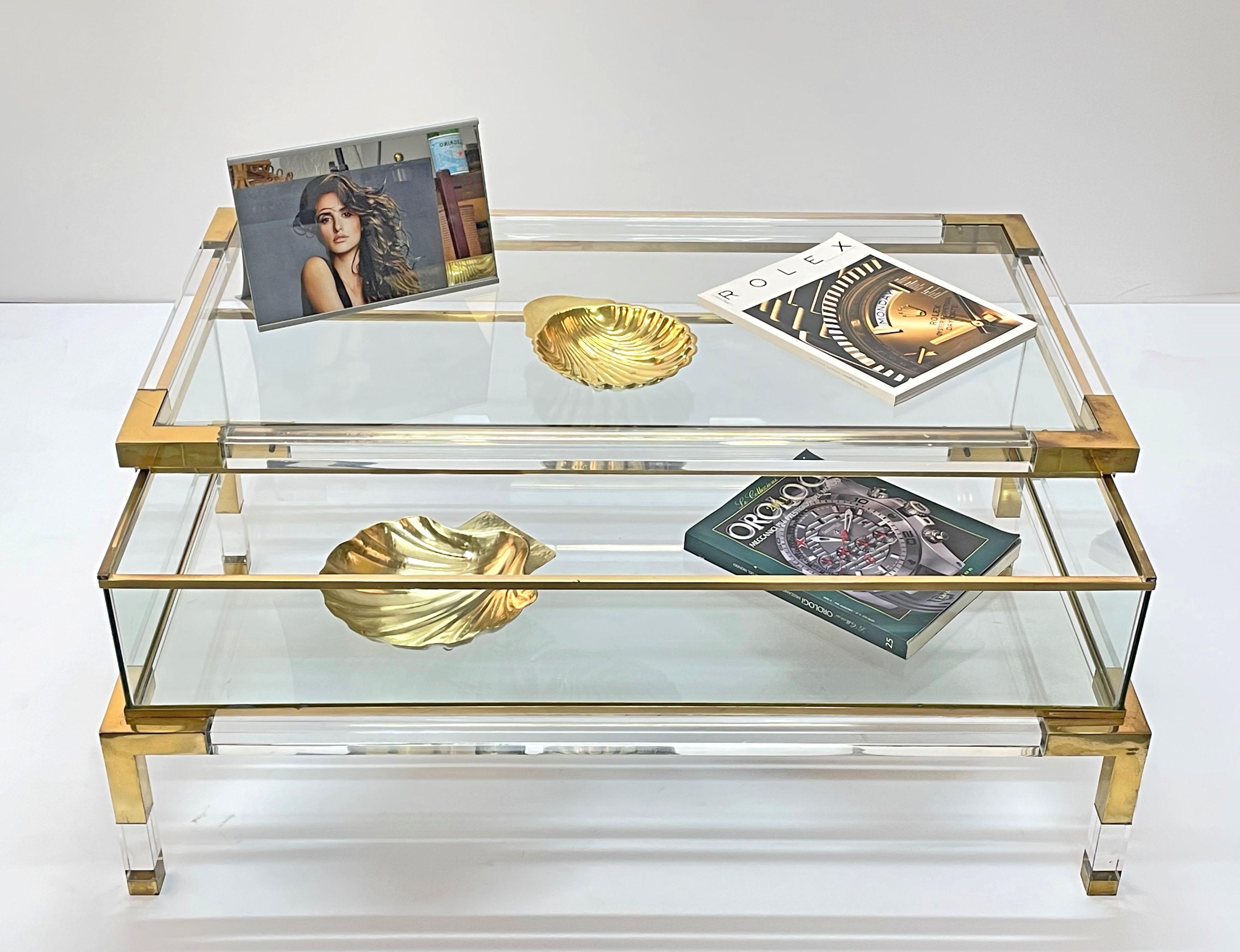 Maison Jansen Lucite and Brass French Coffee Table with Sliding Shelf, 1970s 13