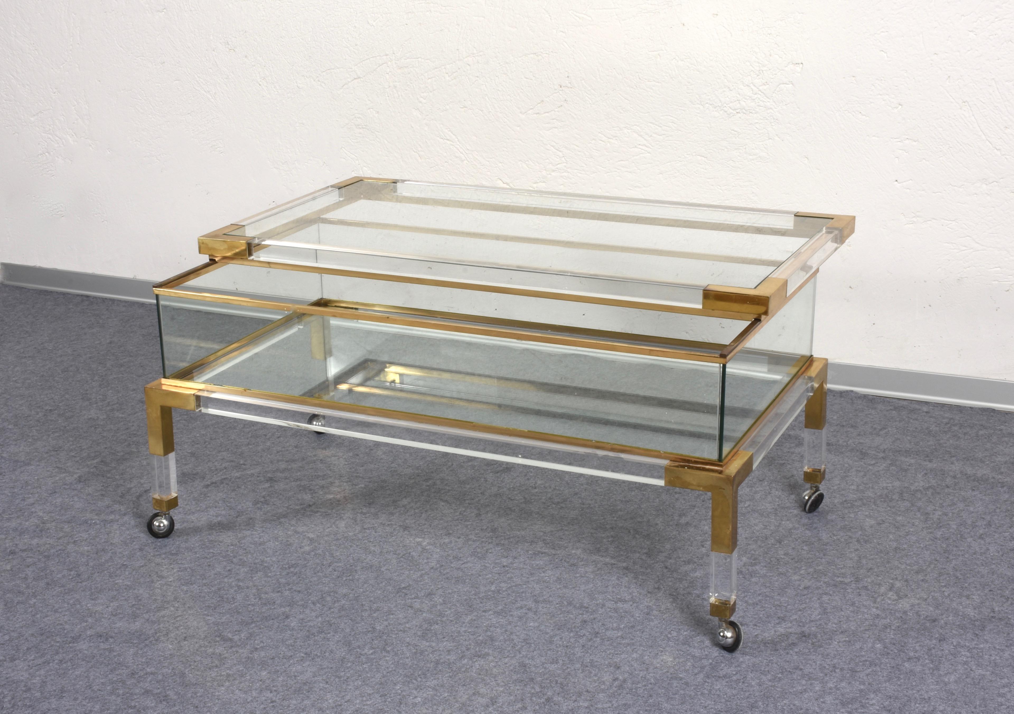 Mid-Century Modern Maison Jansen Lucite and Brass French Coffee Table with Sliding Shelf, 1970s