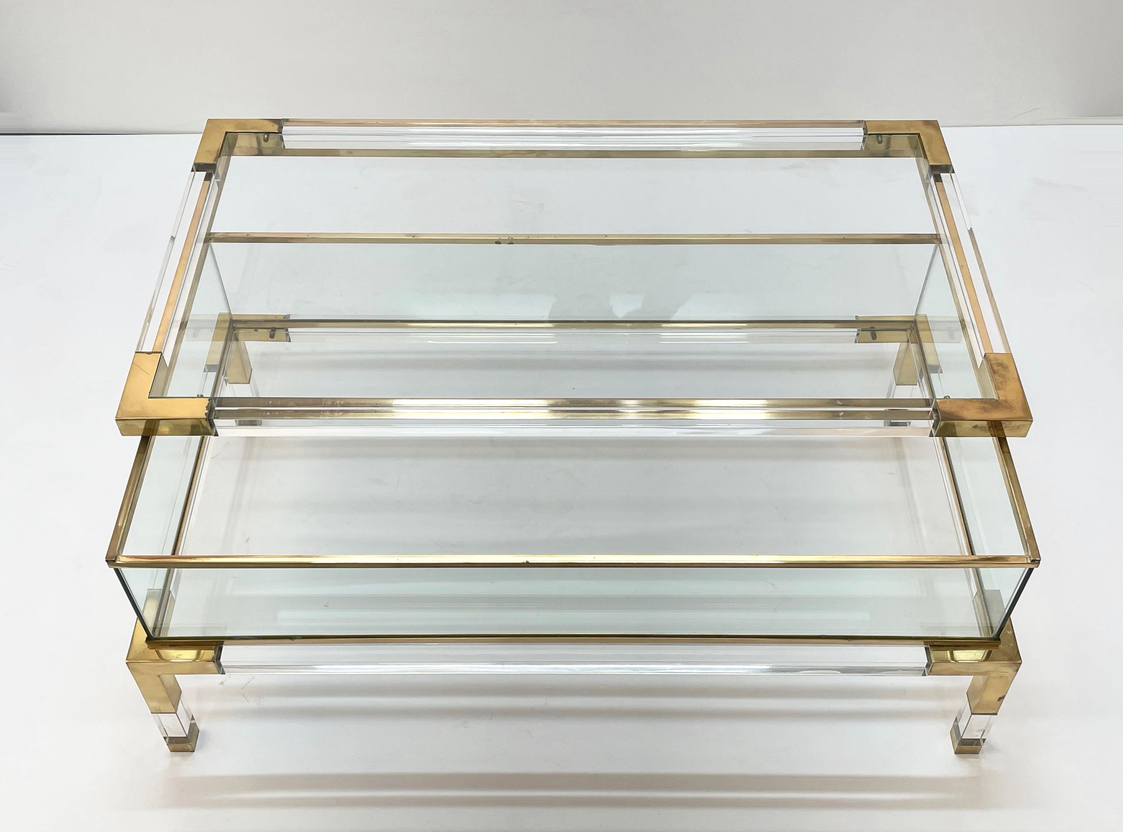 Mid-Century Modern Maison Jansen Lucite and Brass French Coffee Table with Sliding Shelf, 1970s