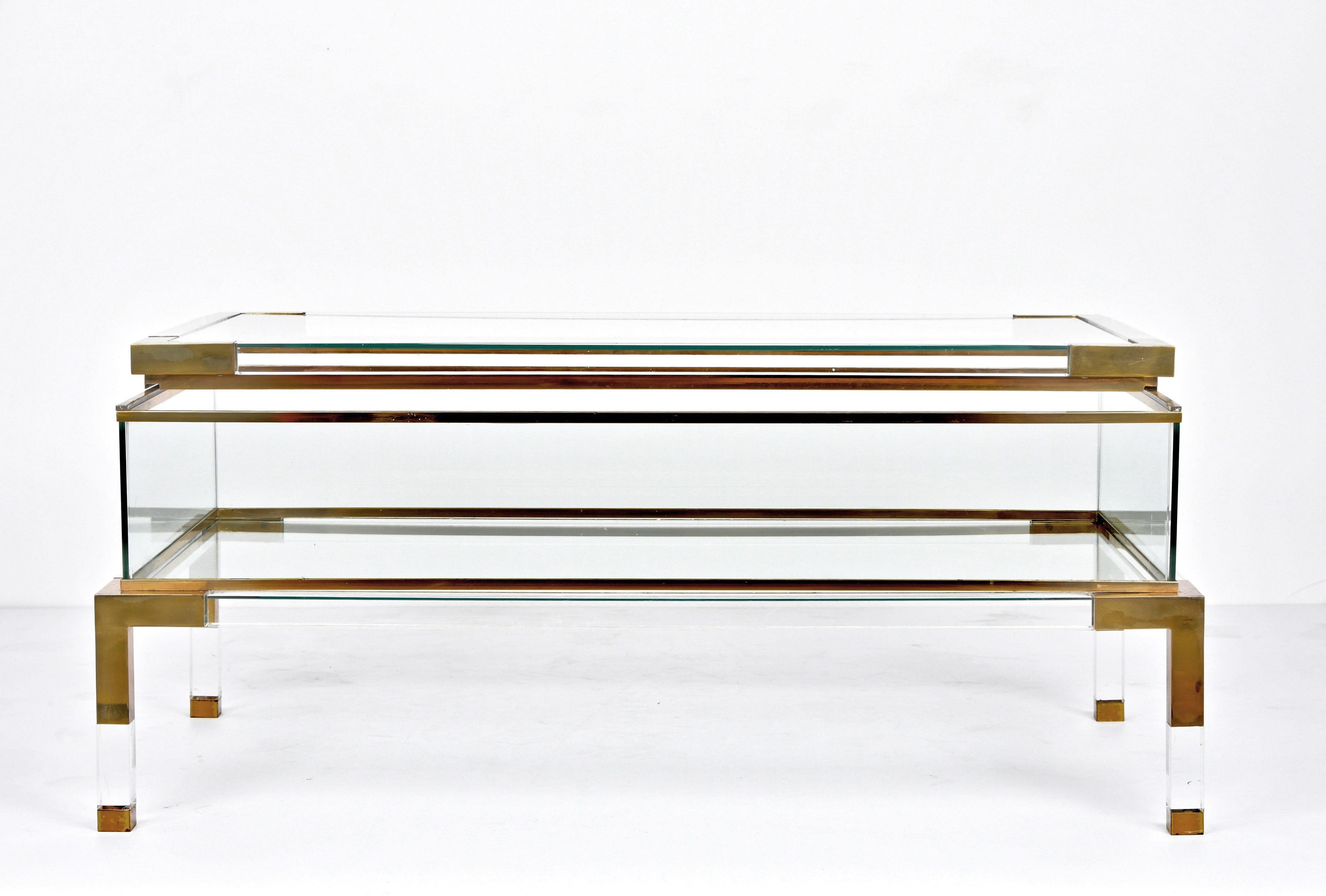Late 20th Century Maison Jansen Lucite and Brass French Coffee Table with Sliding Shelf, 1970s