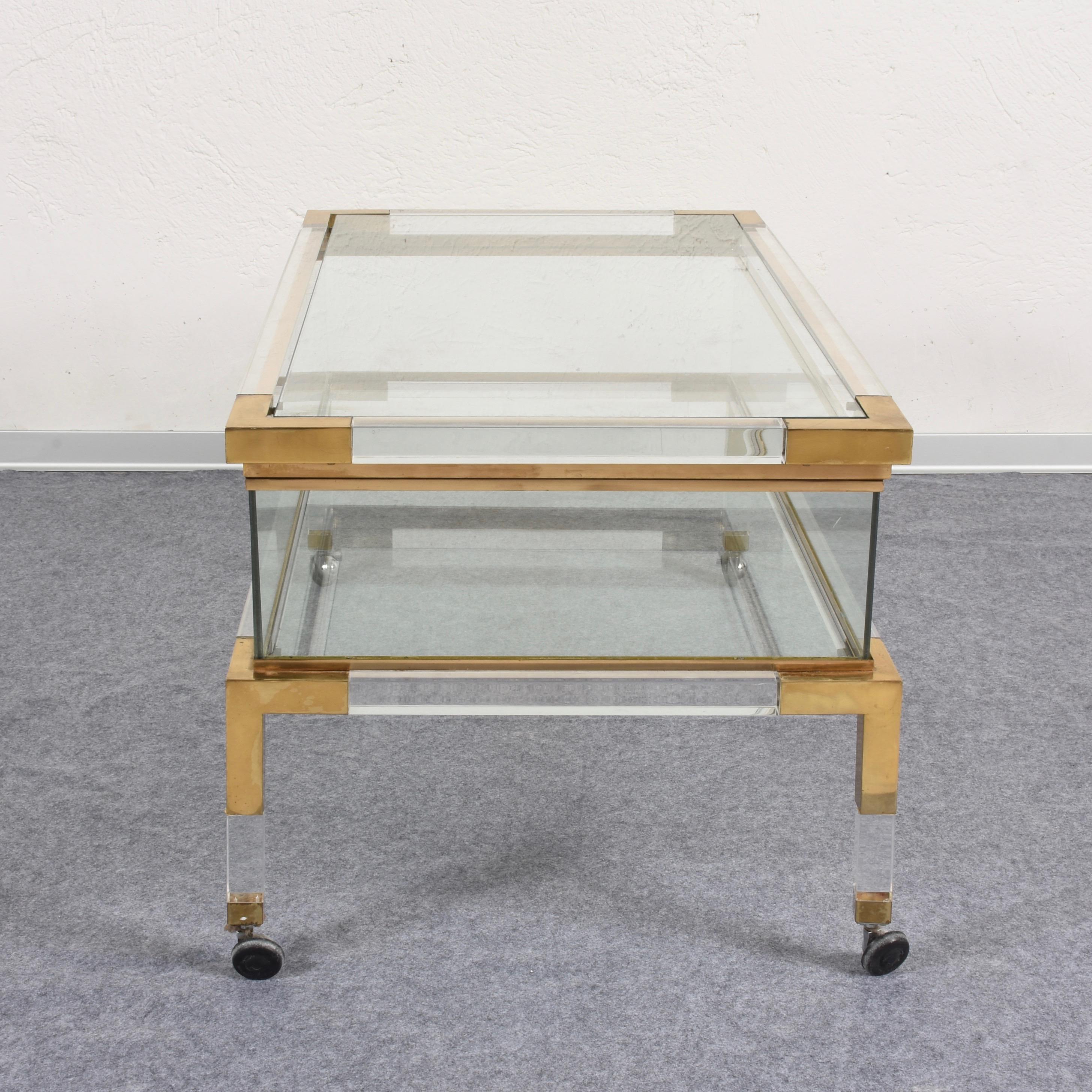 Plexiglass Maison Jansen Lucite and Brass French Coffee Table with Sliding Shelf, 1970s