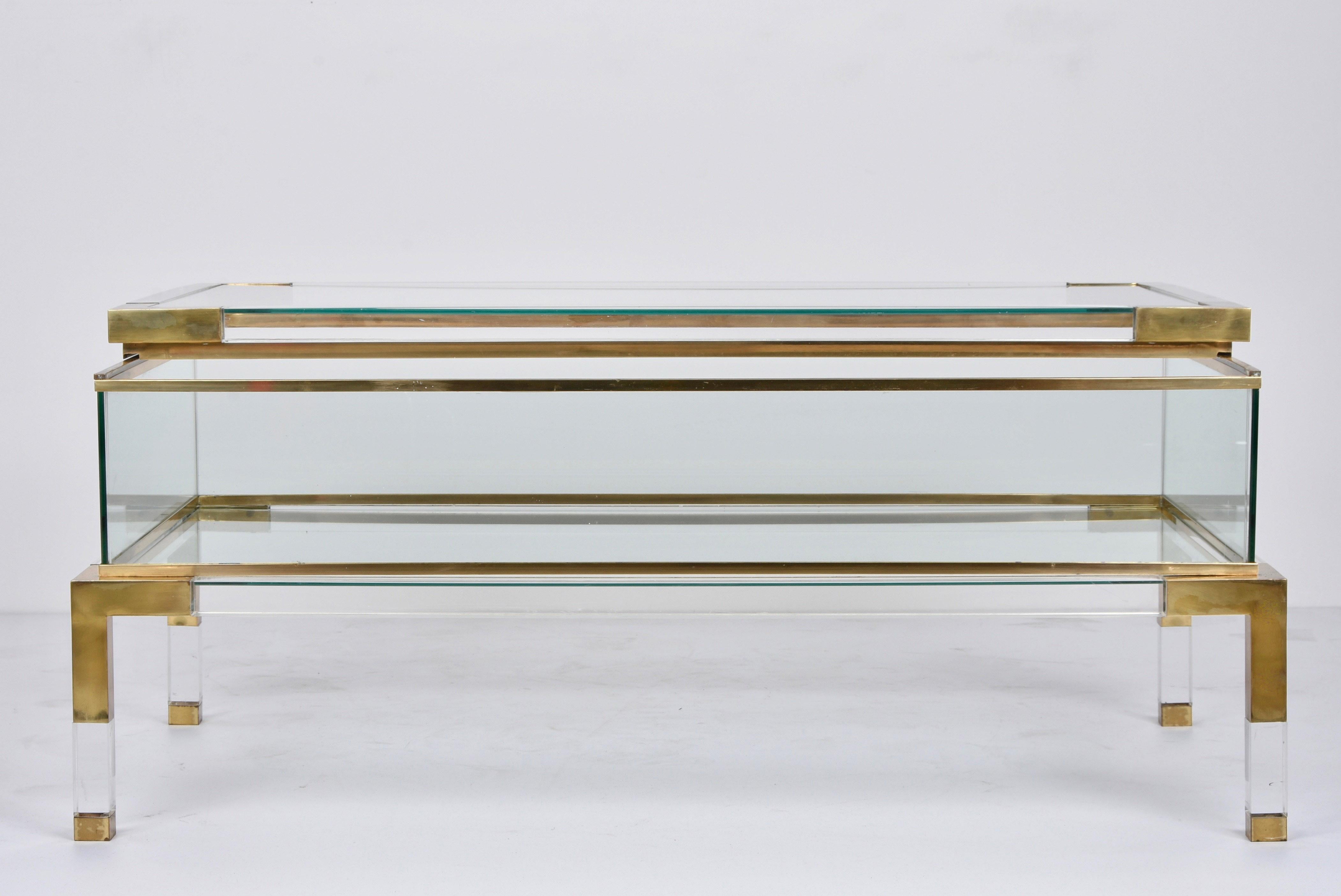Metal Maison Jansen Lucite and Brass French Coffee Table with Sliding Shelf, 1970s