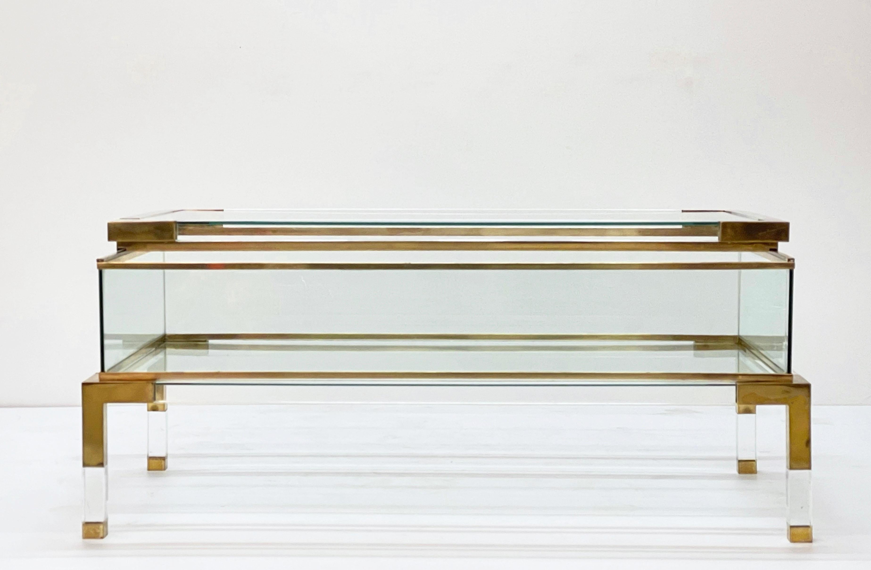 Maison Jansen Lucite and Brass French Coffee Table with Sliding Shelf, 1970s 1