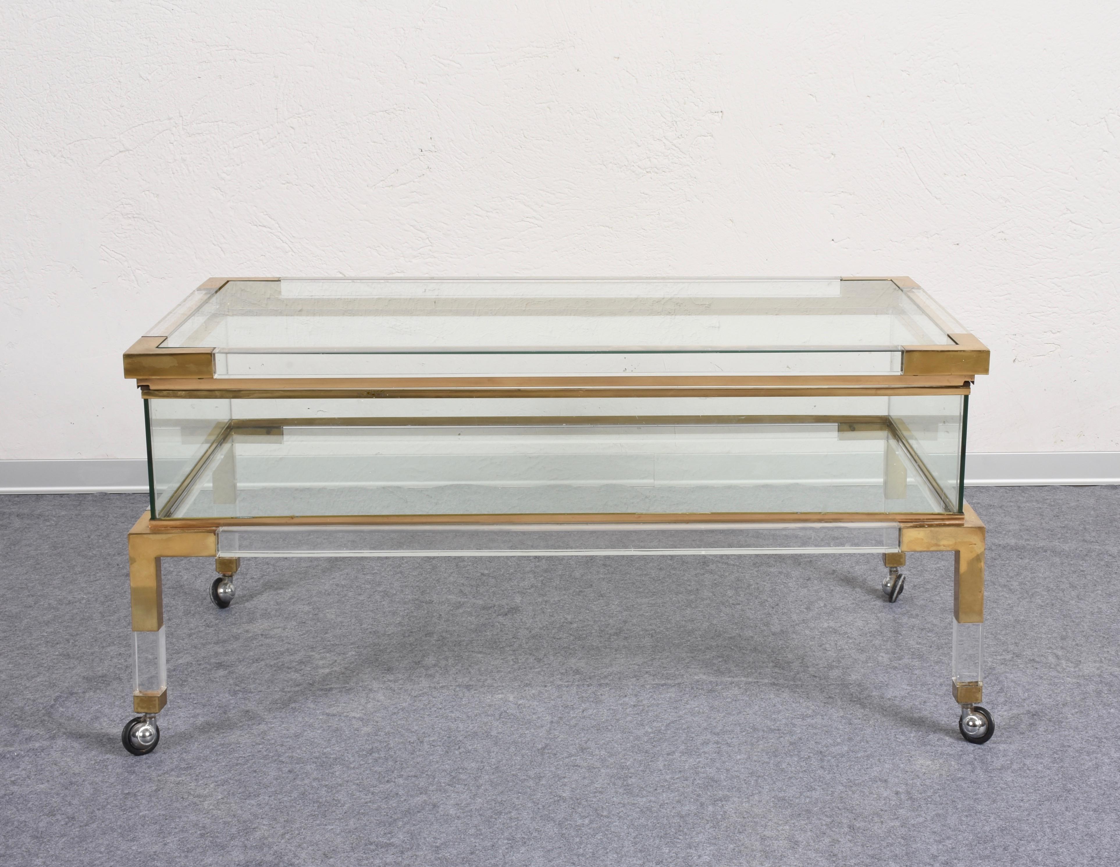 Maison Jansen Lucite and Brass French Coffee Table with Sliding Shelf, 1970s 2