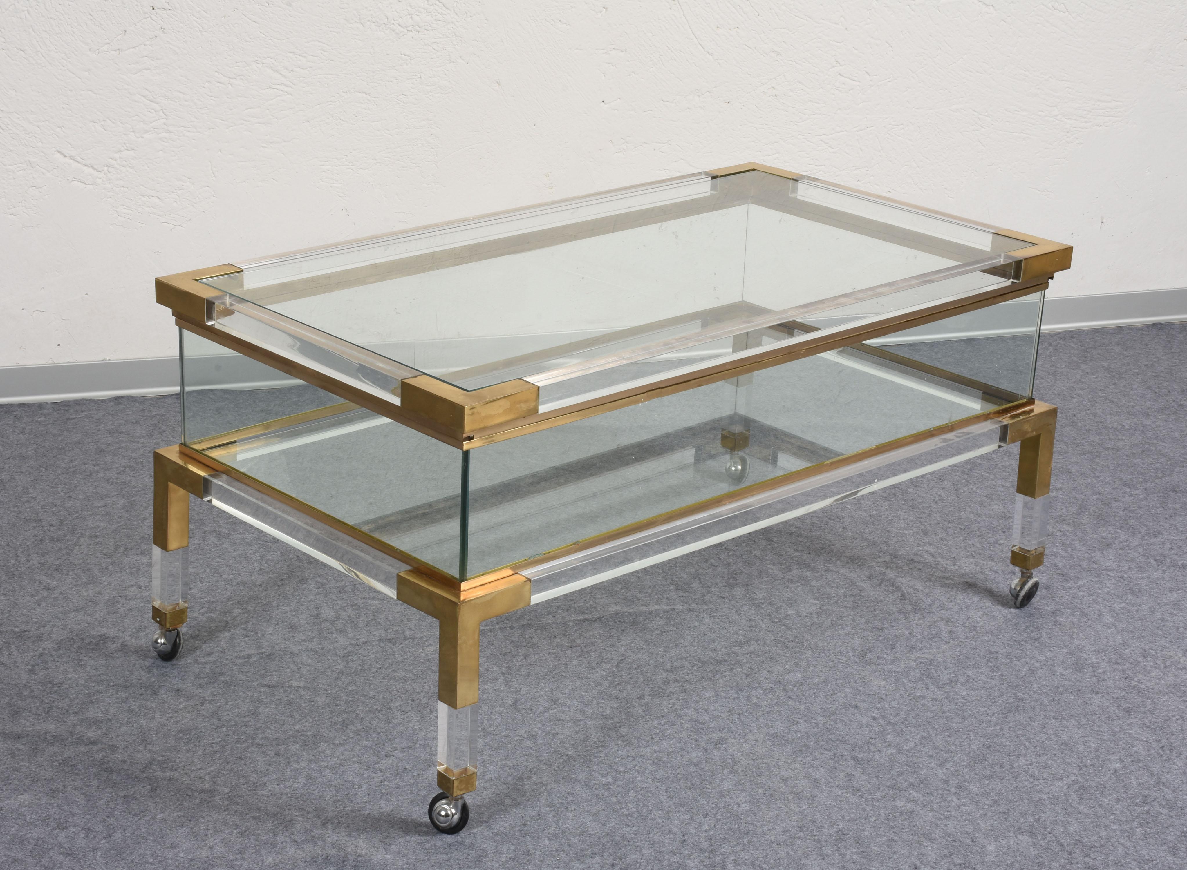 Maison Jansen Lucite and Brass French Coffee Table with Sliding Shelf, 1970s 3