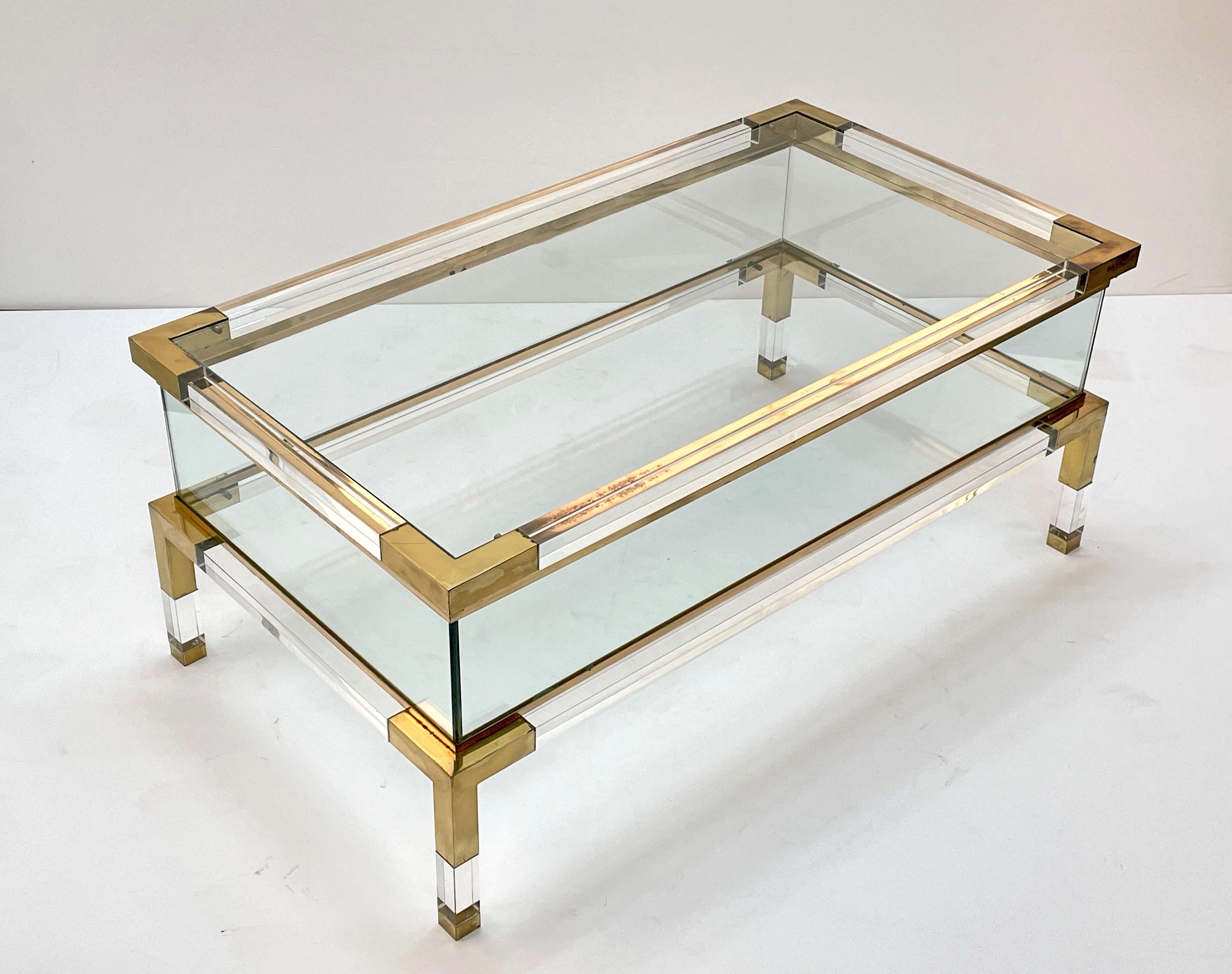 Maison Jansen Lucite and Brass French Coffee Table with Sliding Shelf, 1970s 3