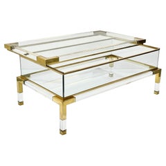 Maison Jansen Lucite and Brass French Coffee Table with Sliding Shelf, 1970s