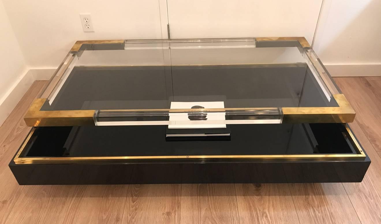 Maison Jansen Lucite and Brass Sliding Top Coffee Table In Excellent Condition In Miami, FL