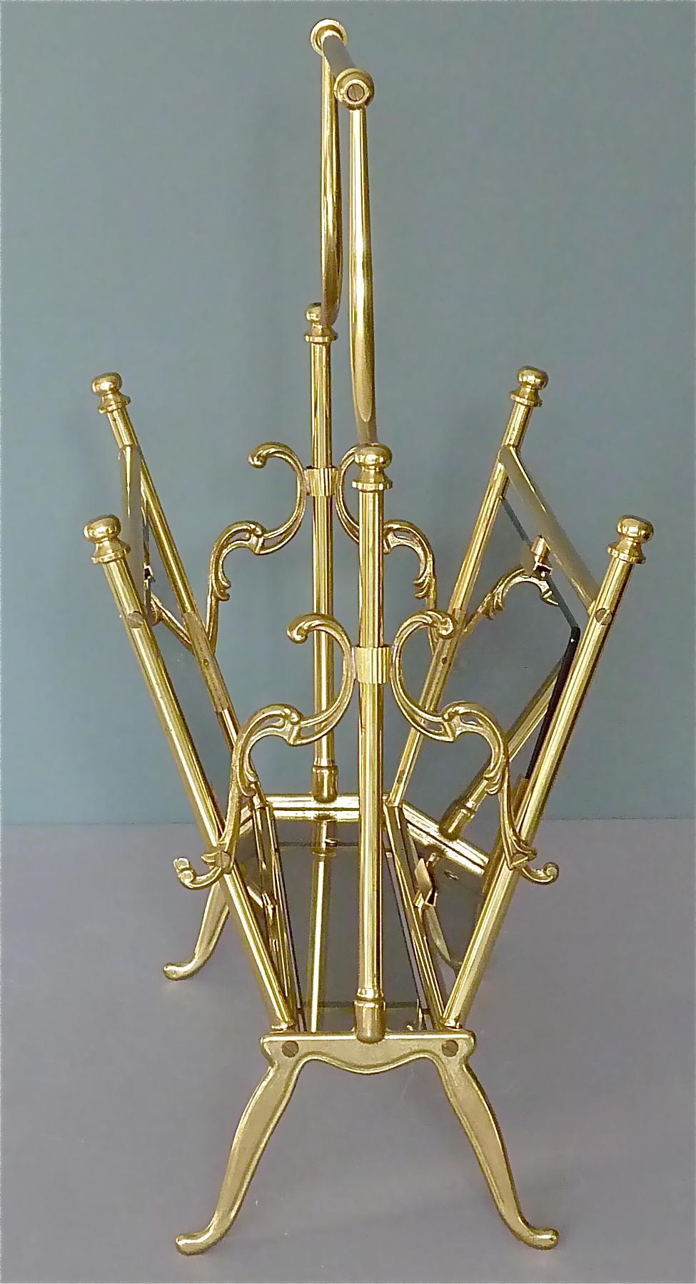 Maison Jansen Magazine Holder Stand Rack Brass Glass France 1960s Bagues Charles For Sale 6