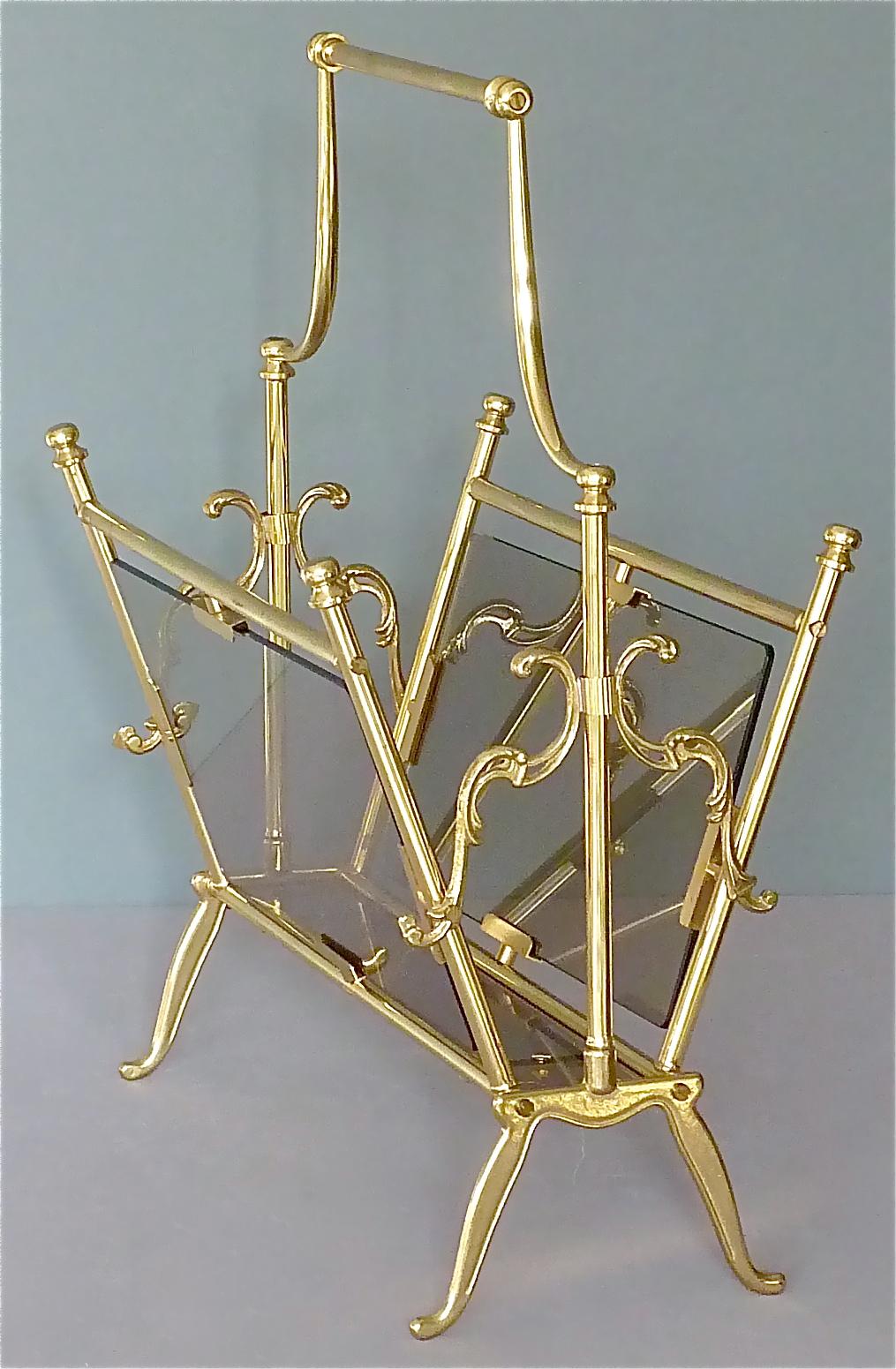 Maison Jansen Magazine Holder Stand Rack Brass Glass France 1960s Bagues Charles For Sale 7