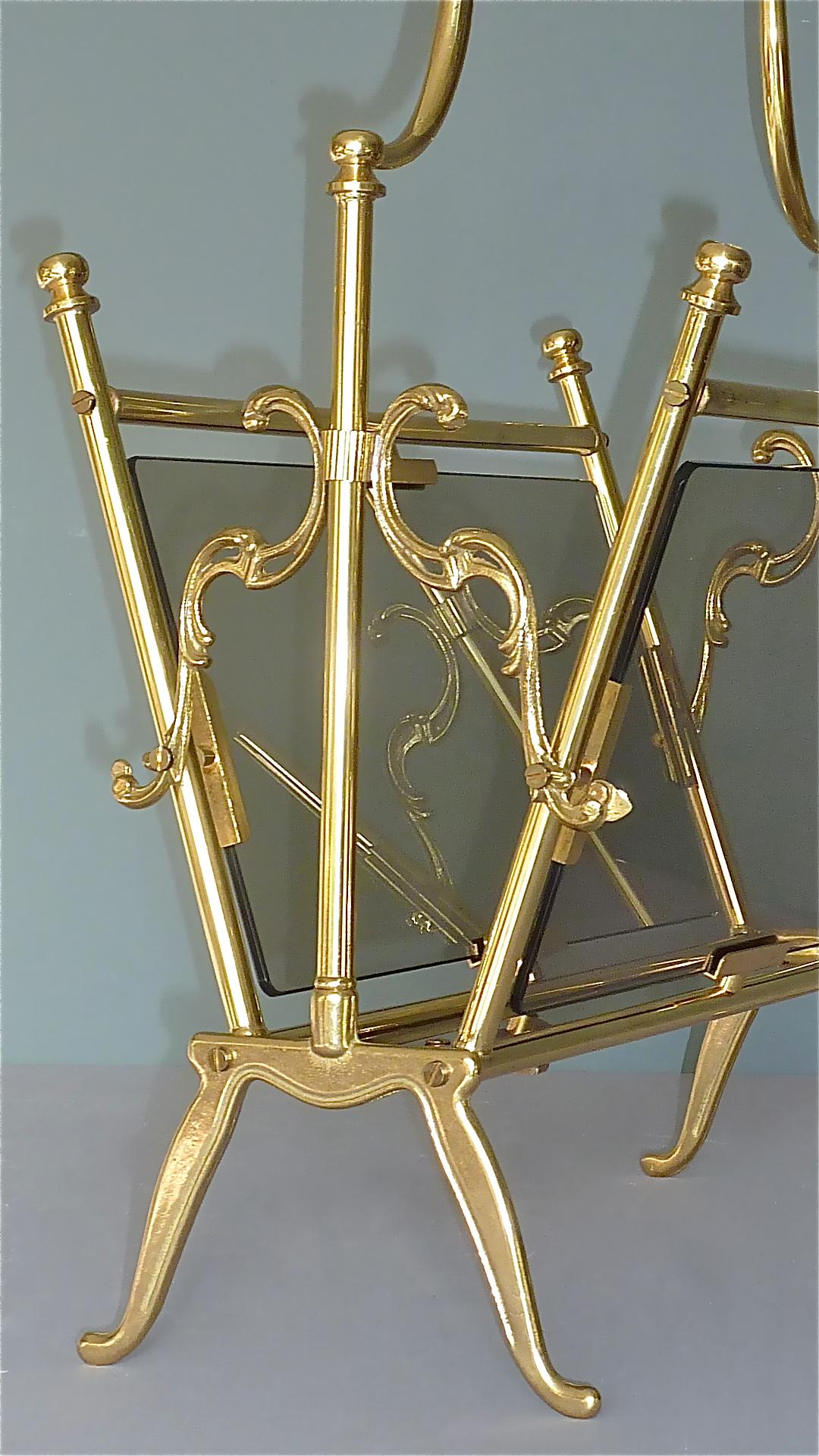 French Maison Jansen Magazine Holder Stand Rack Brass Glass France 1960s Bagues Charles For Sale
