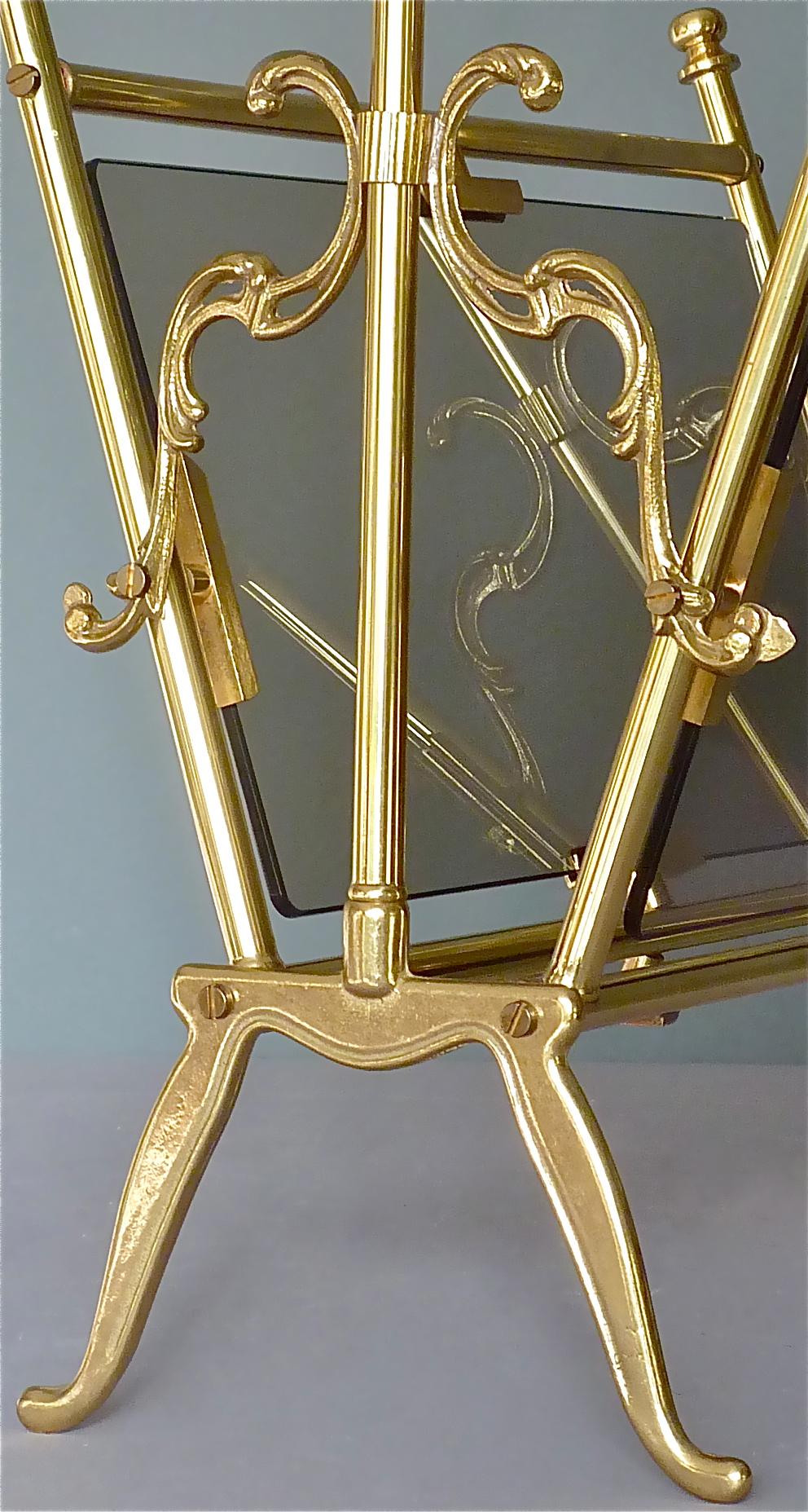 Patinated Maison Jansen Magazine Holder Stand Rack Brass Glass France 1960s Bagues Charles For Sale