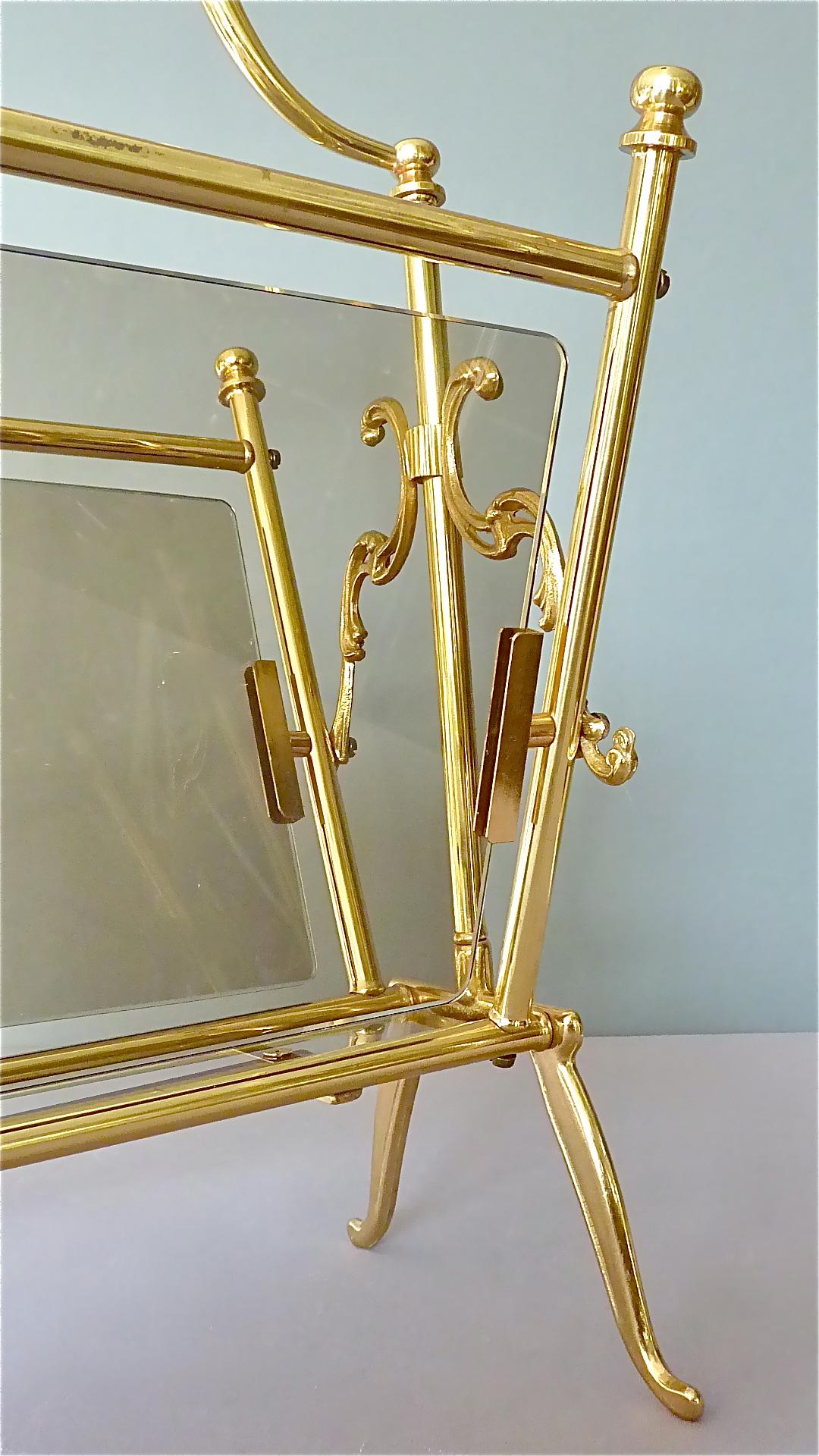 Maison Jansen Magazine Holder Stand Rack Brass Glass France 1960s Bagues Charles For Sale 1