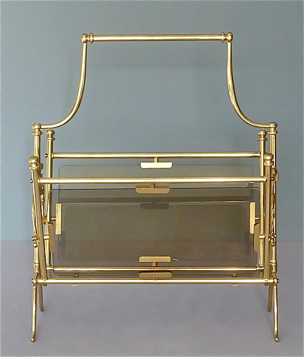 Maison Jansen Magazine Holder Stand Rack Brass Glass France 1960s Bagues Charles For Sale 2