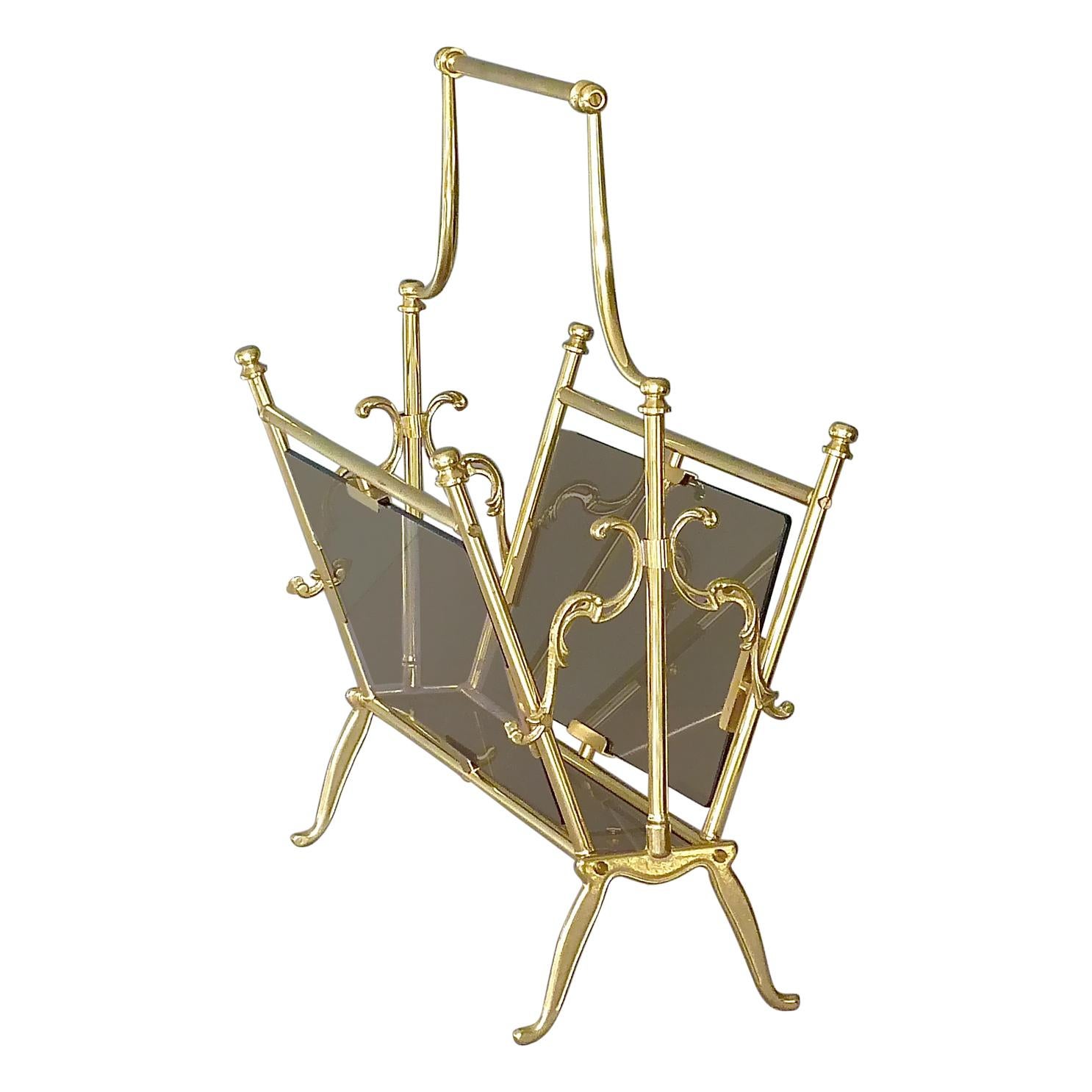 Maison Jansen Magazine Holder Stand Rack Brass Glass France 1960s Bagues Charles For Sale