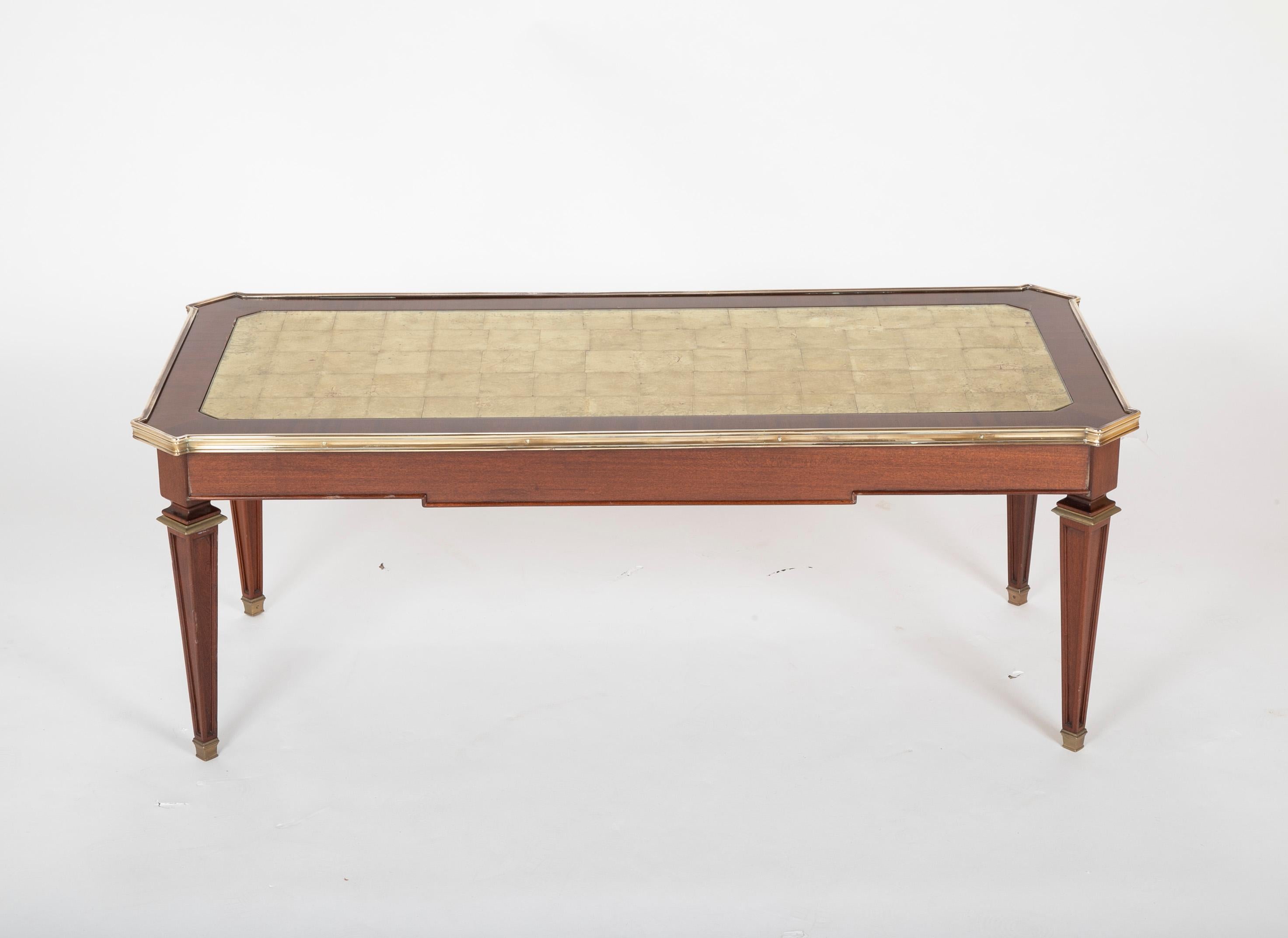 Mid-Century Modern Maison Jansen Mahogany Coffee Table with Gold Leaf Glass Top and Bronze Mounts