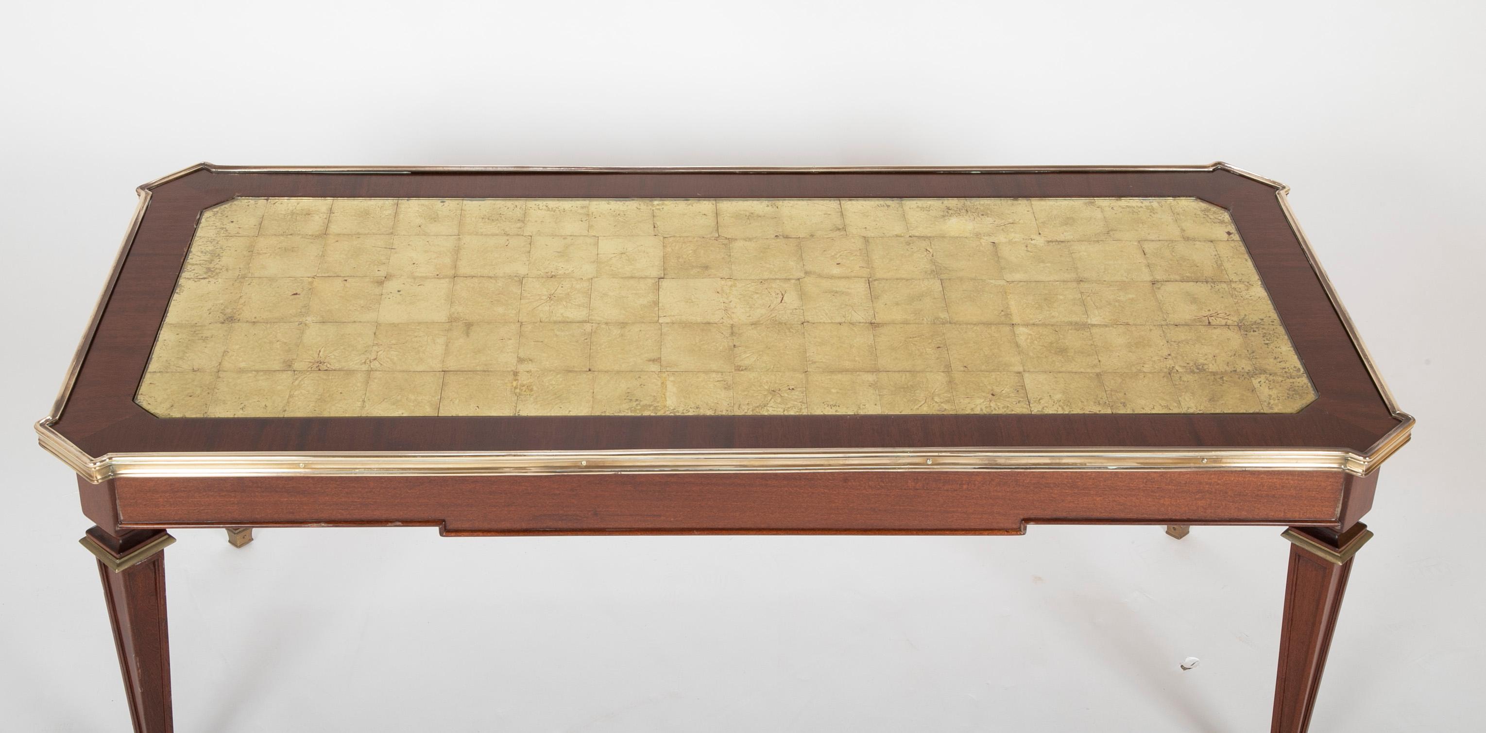 Gilt Maison Jansen Mahogany Coffee Table with Gold Leaf Glass Top and Bronze Mounts