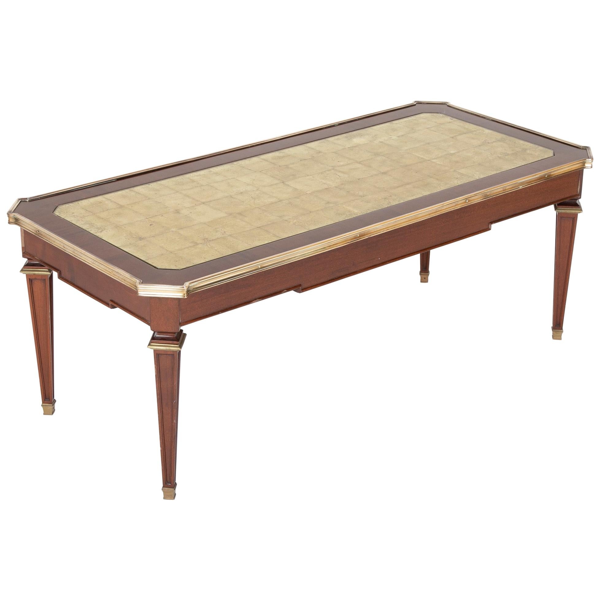 Maison Jansen Mahogany Coffee Table with Gold Leaf Glass Top and Bronze Mounts
