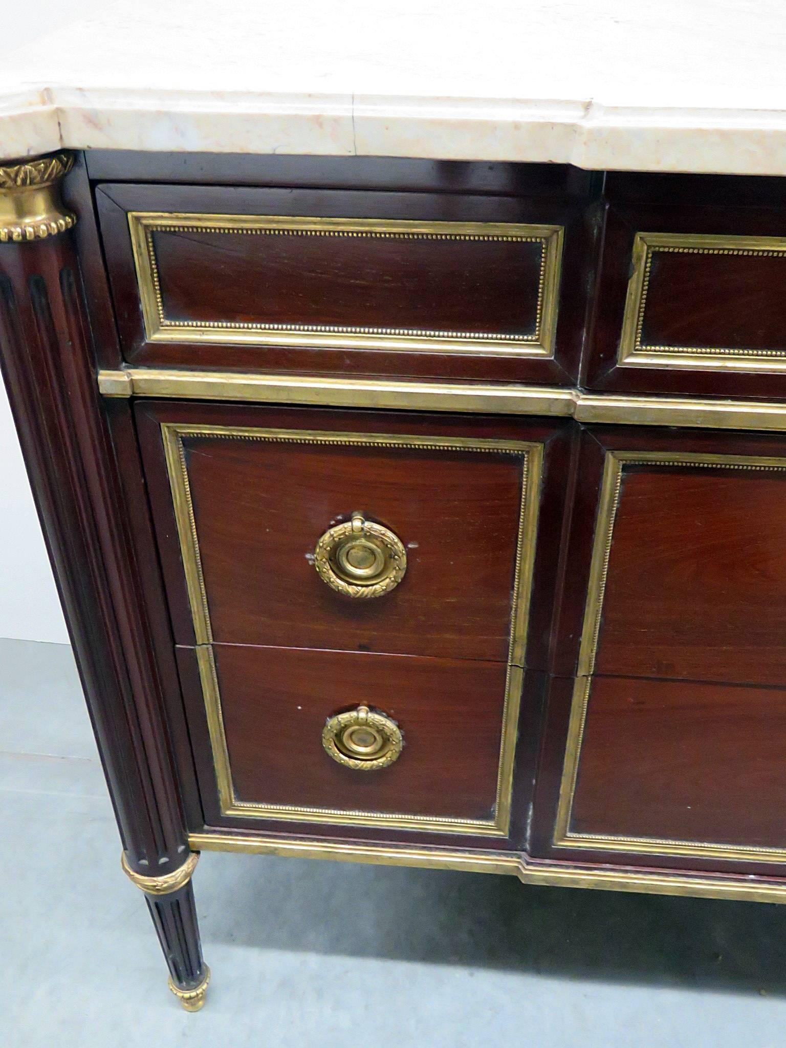 French Mahogany Maison Jansen Louis XVI Marble Top Commode Chest