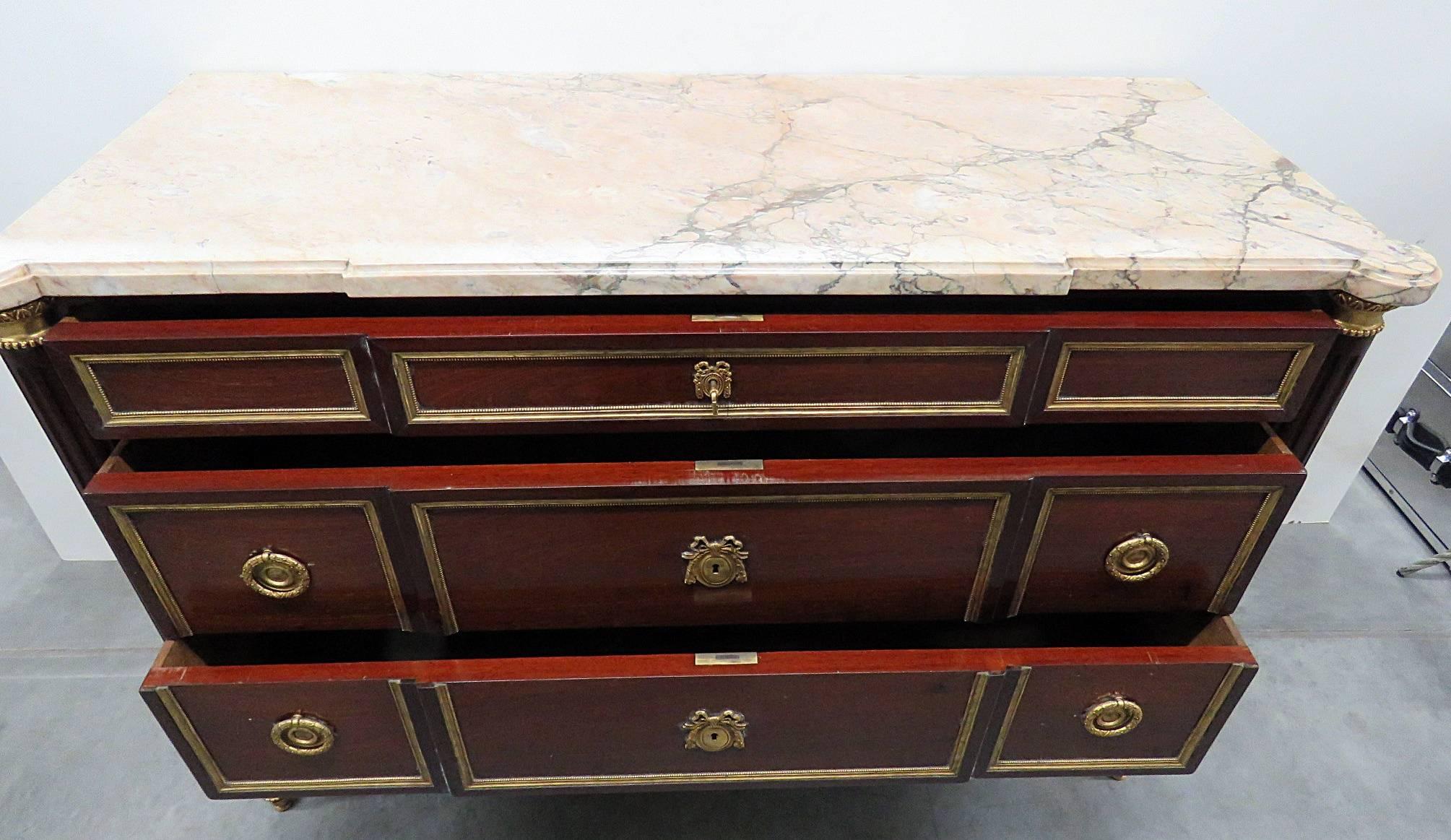 Mahogany Maison Jansen Louis XVI Marble Top Commode Chest In Good Condition In Swedesboro, NJ