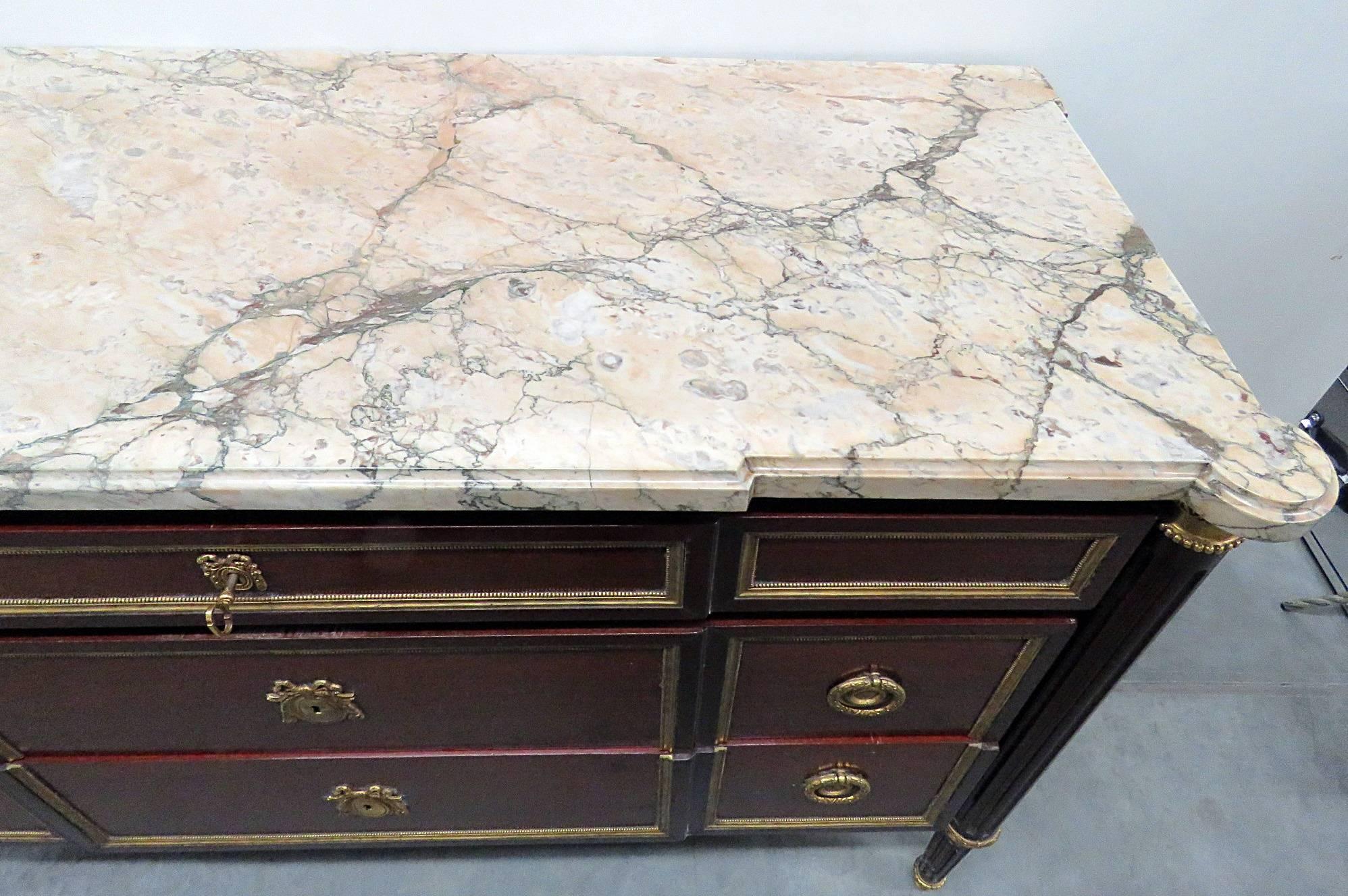 Brass Mahogany Maison Jansen Louis XVI Marble Top Commode Chest